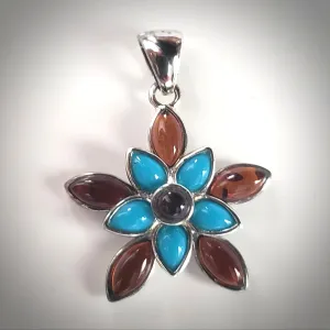 Flower Cognac Amber / Turquoise & Sterling Silver Pendant