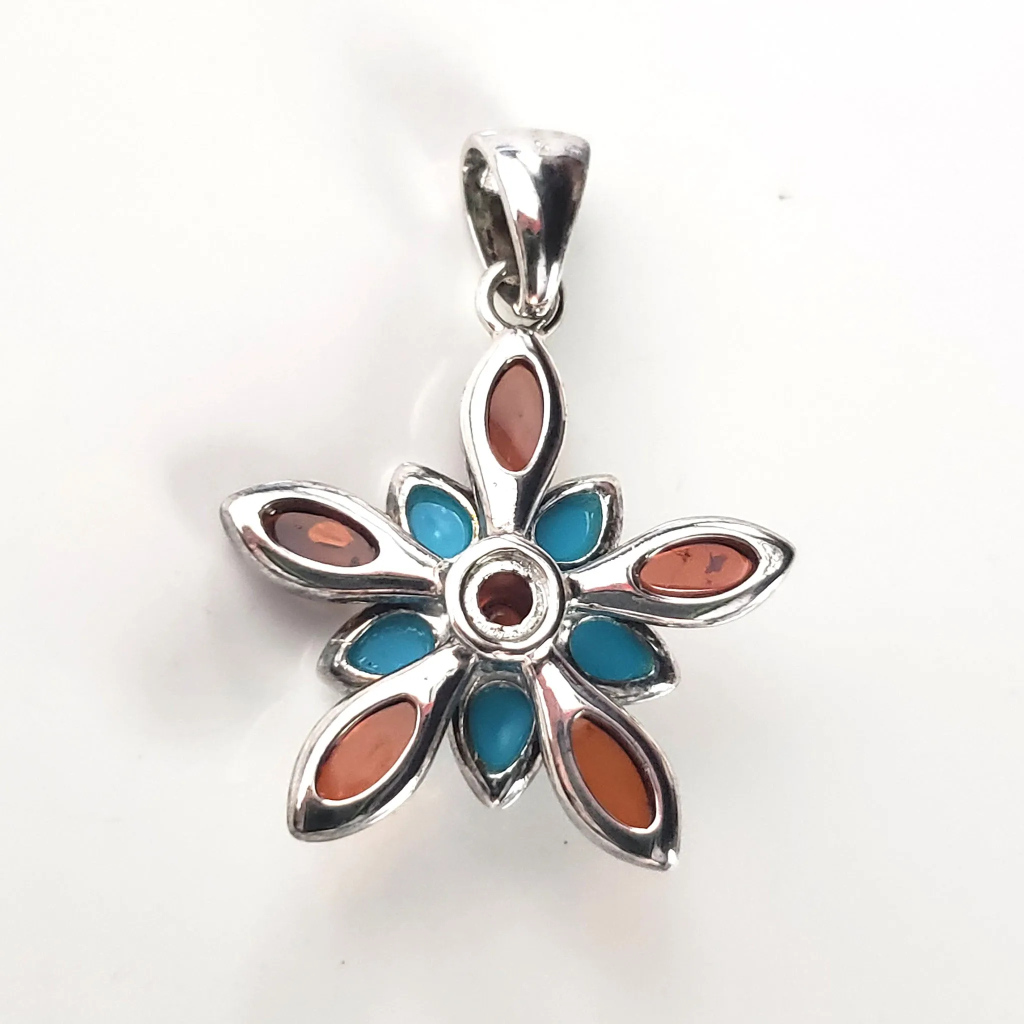 Flower Cognac Amber / Turquoise & Sterling Silver Pendant