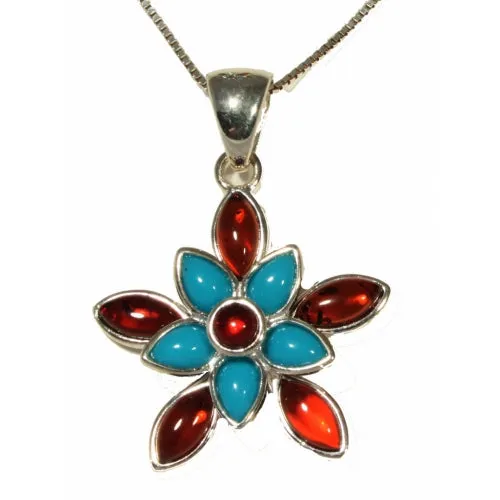 Flower Cognac Amber / Turquoise & Sterling Silver Pendant