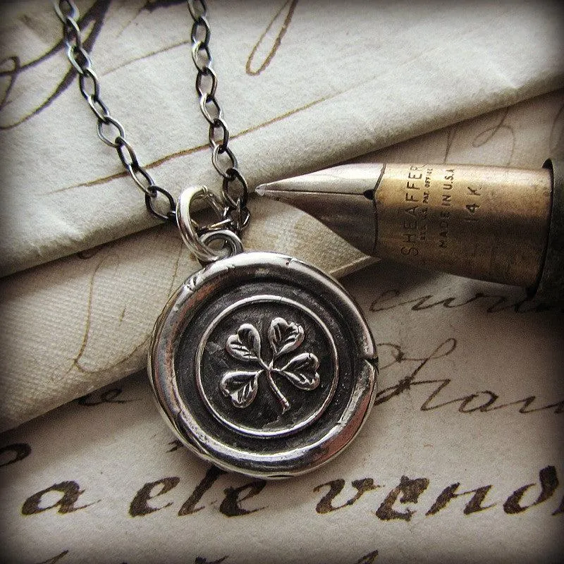Four Leaf Clover Wax Seal Charm Necklace with Reversible Antique Irish Lace Imprint