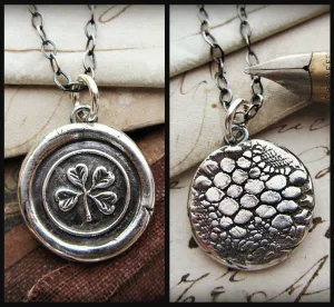 Four Leaf Clover Wax Seal Charm Necklace with Reversible Antique Irish Lace Imprint