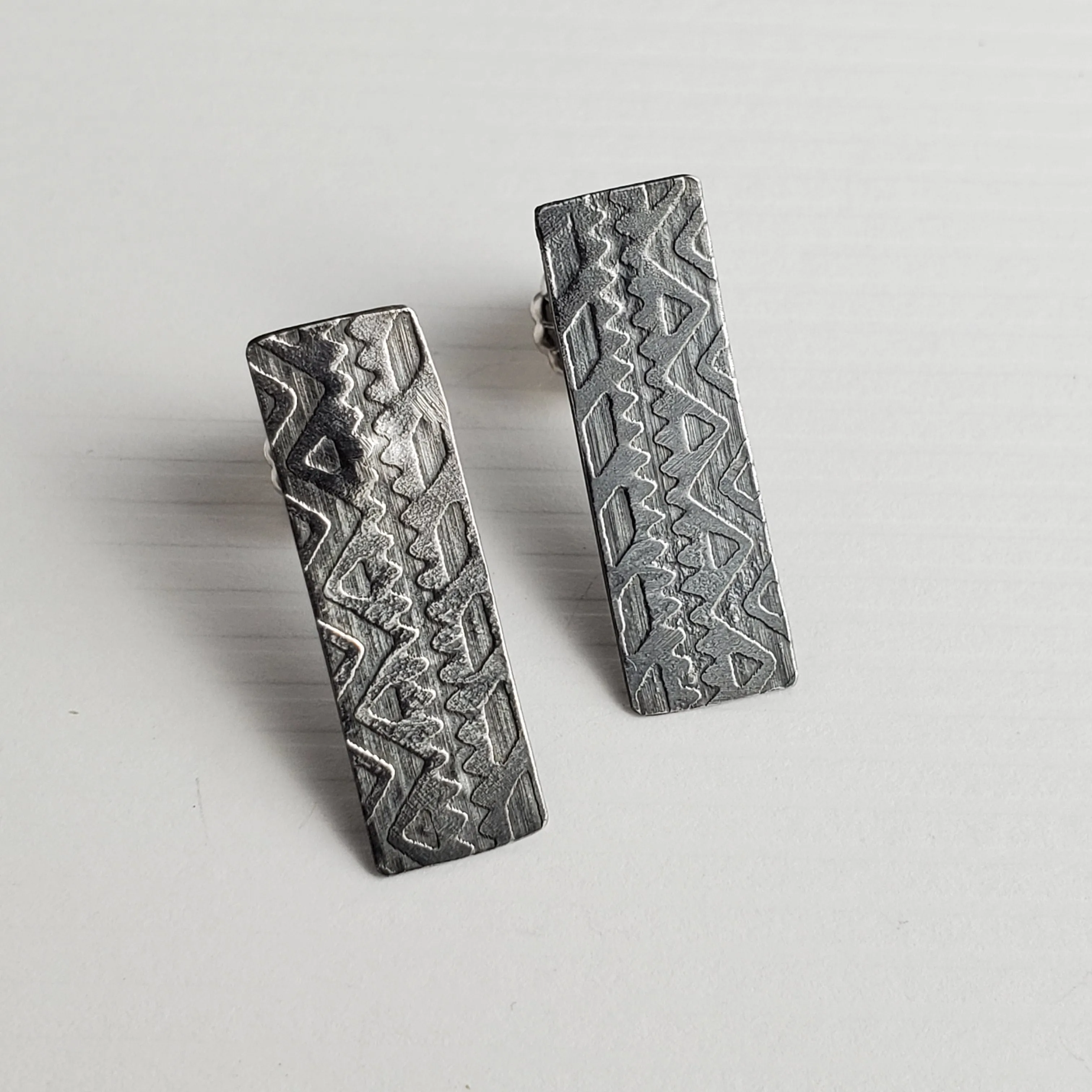 Graphic Tribal Print Silver Post Earrings, Dark Patinaed Textured Earrings, Bar Stud Earrings