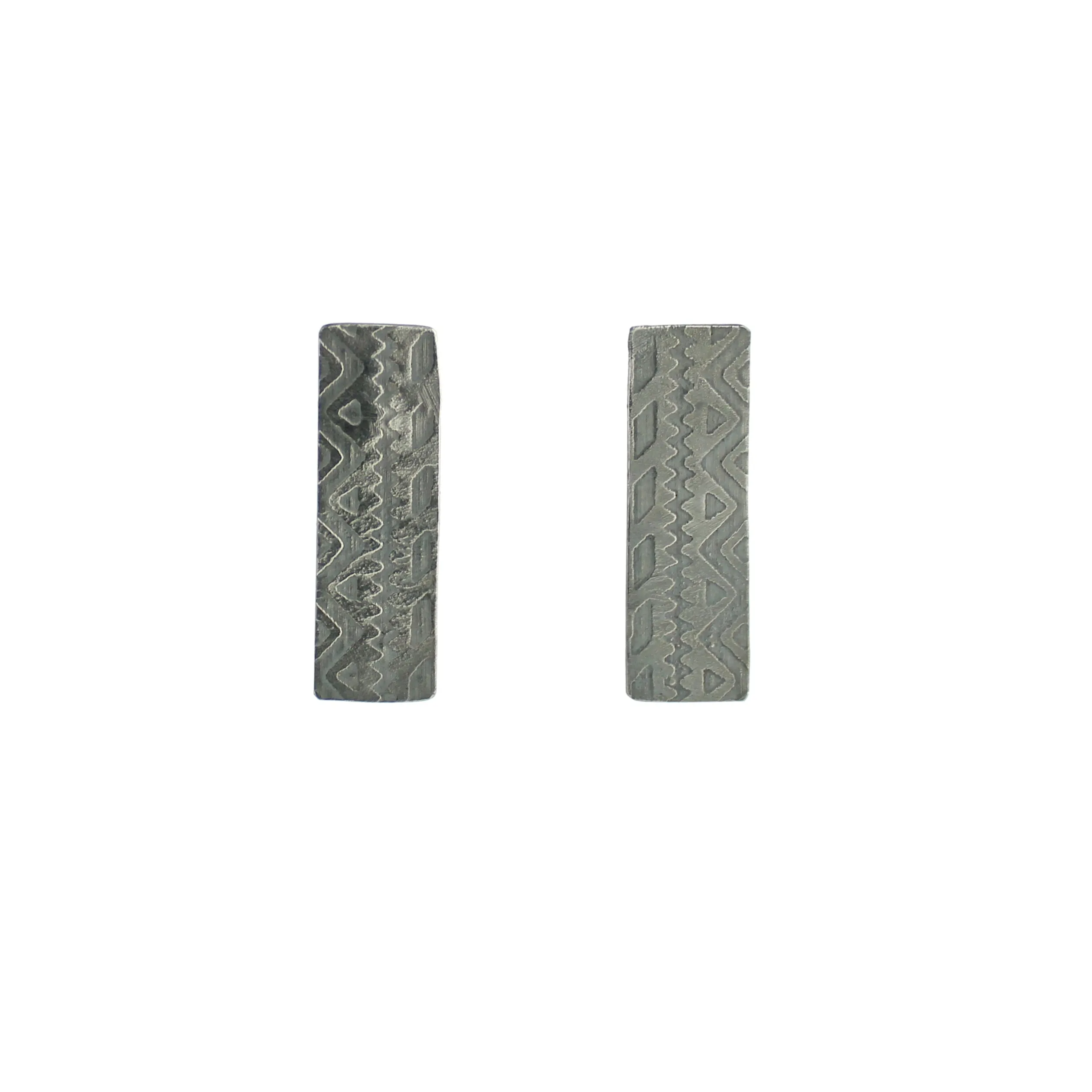 Graphic Tribal Print Silver Post Earrings, Dark Patinaed Textured Earrings, Bar Stud Earrings