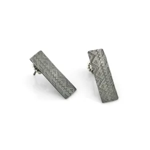 Graphic Tribal Print Silver Post Earrings, Dark Patinaed Textured Earrings, Bar Stud Earrings