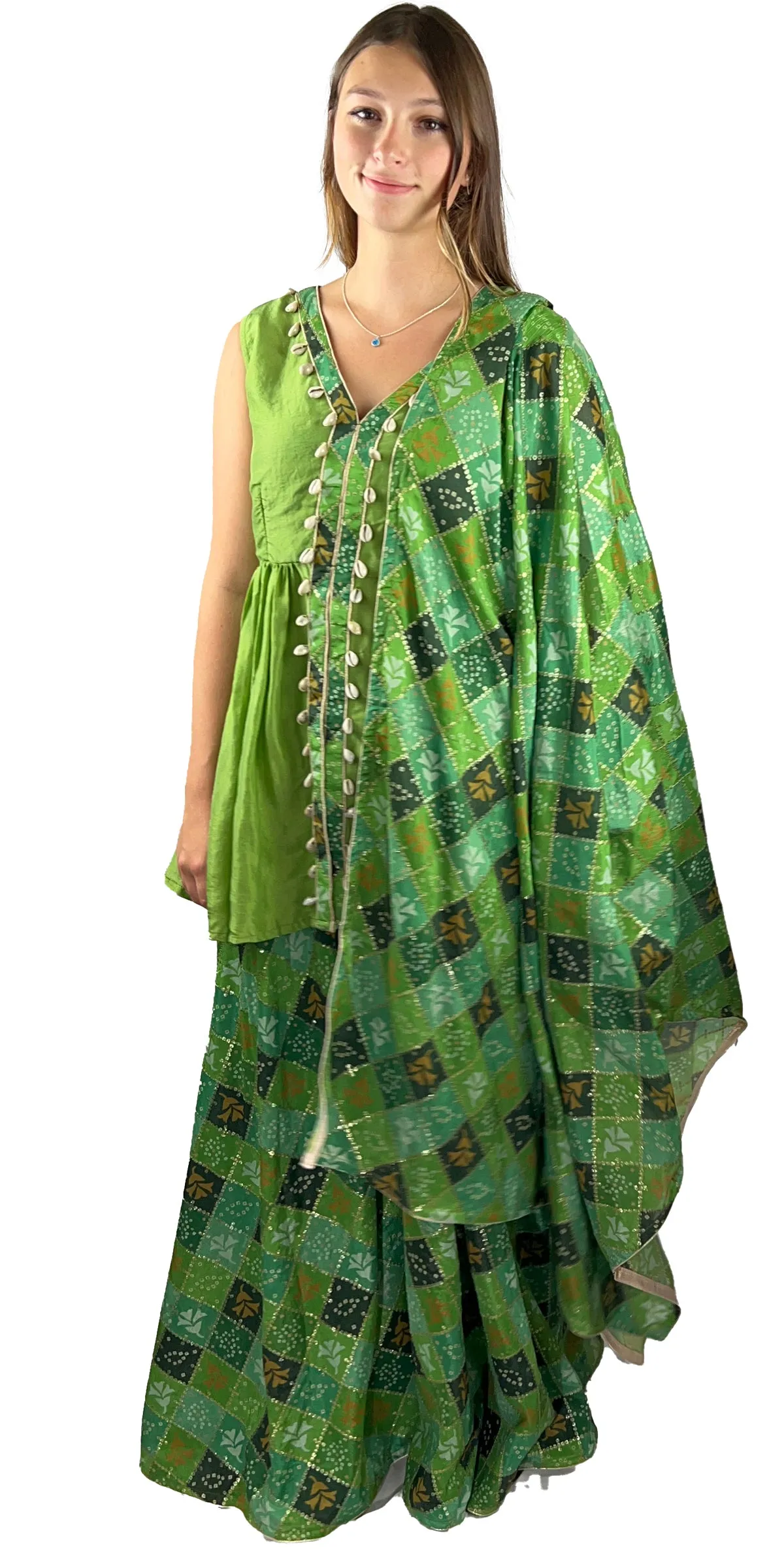 Green Embroidered Silk Sharara with Long Kurti Set
