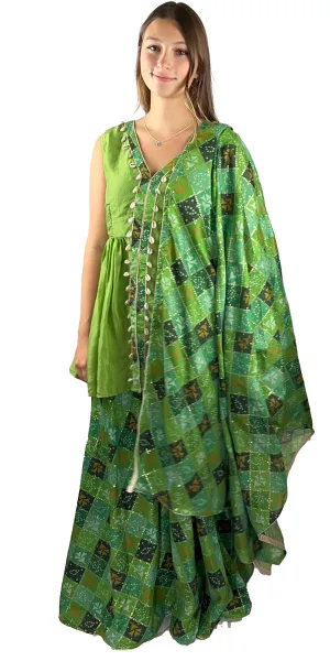 Green Embroidered Silk Sharara with Long Kurti Set
