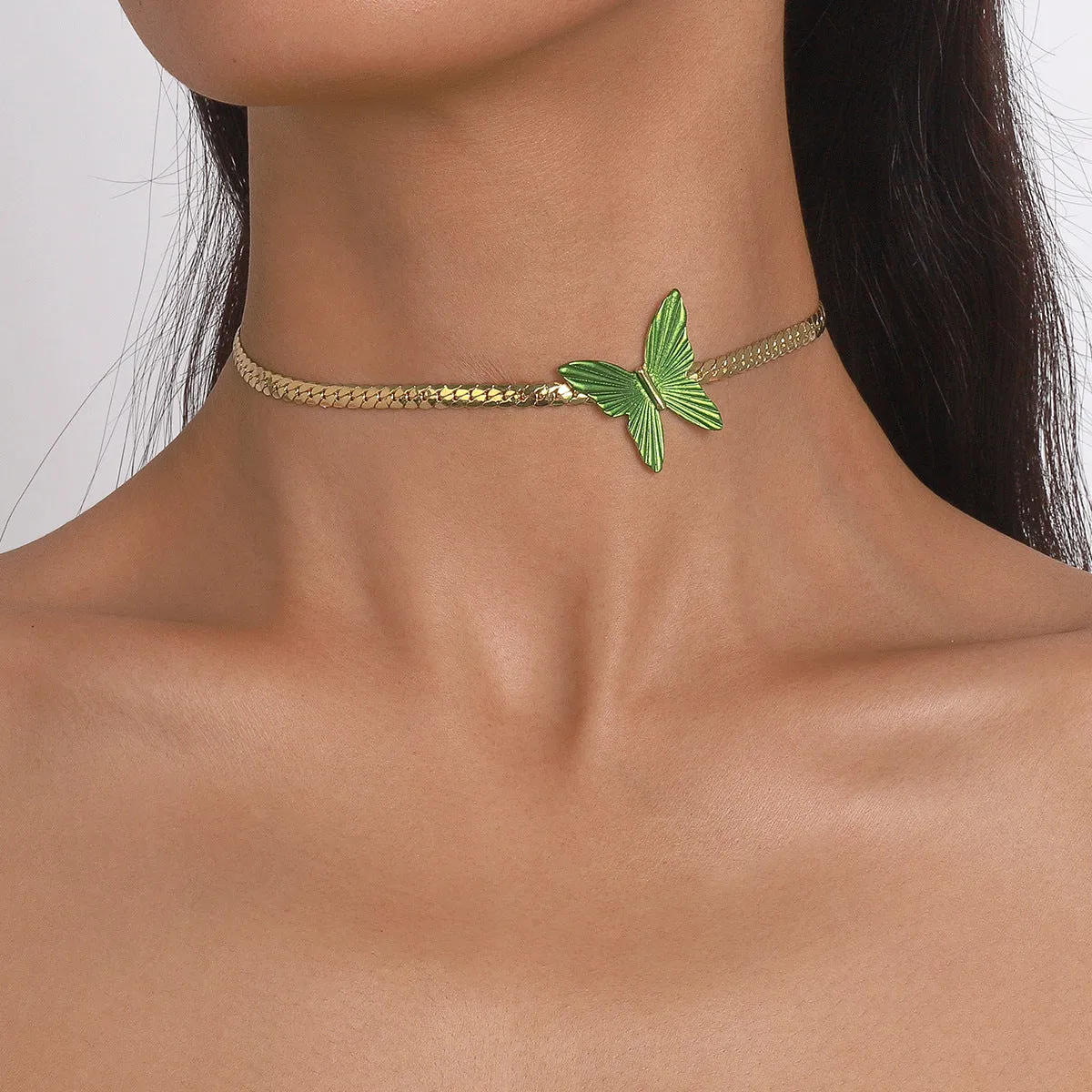 Green Enamel & 18K Gold-Plated Butterfly Choker