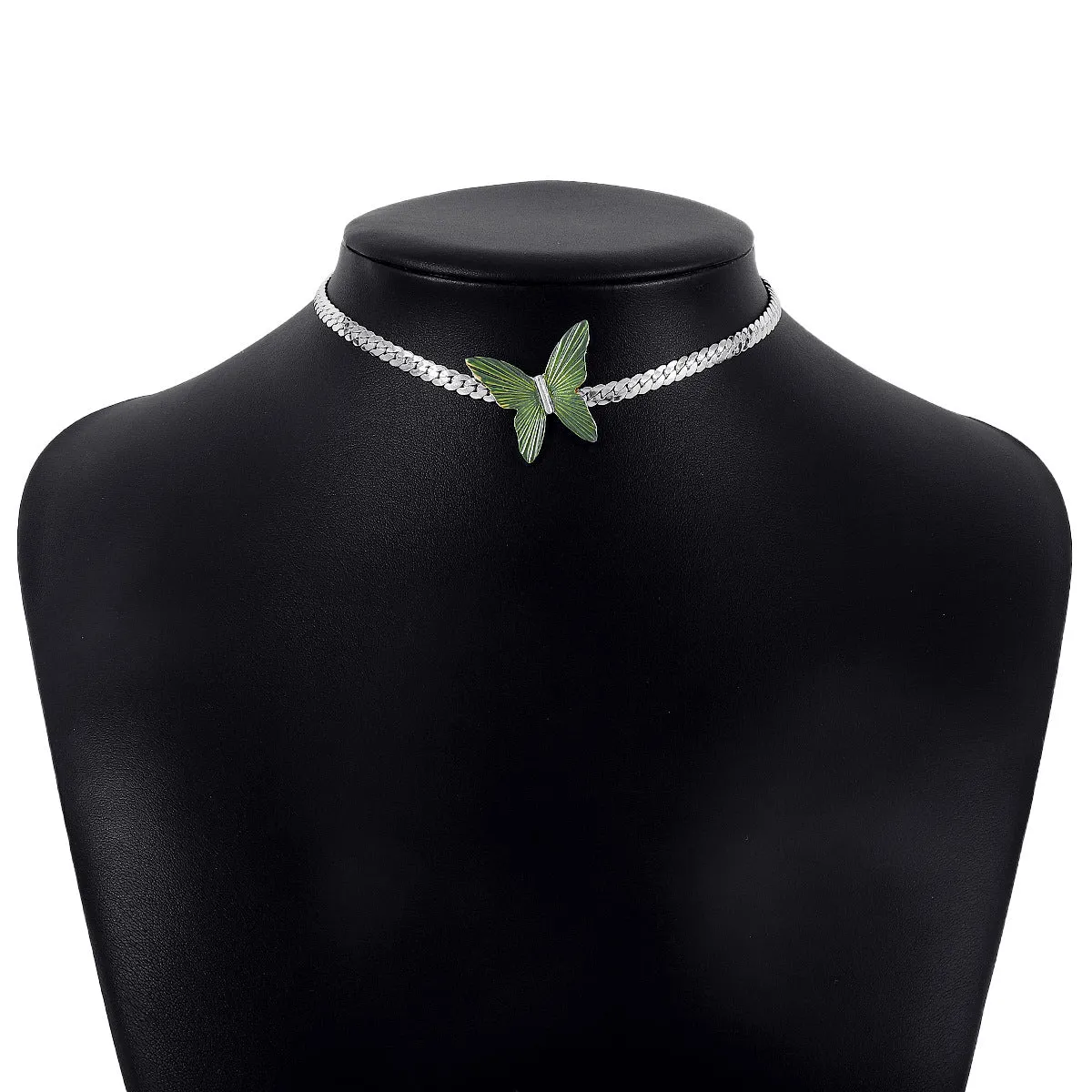 Green Enamel & Silver-Plated Butterfly Choker