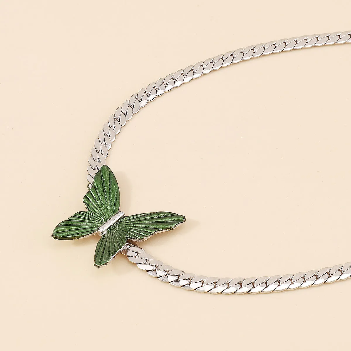 Green Enamel & Silver-Plated Butterfly Choker