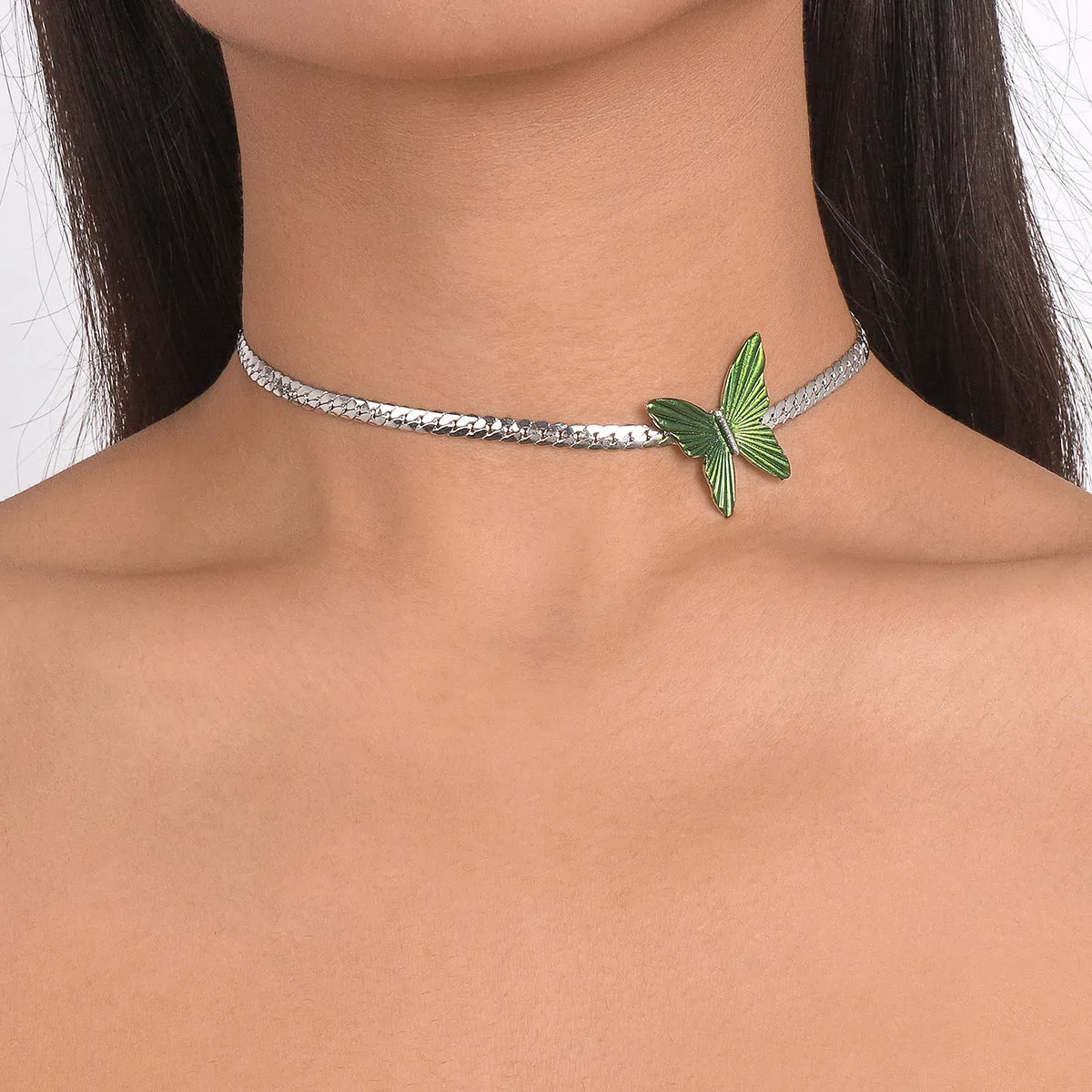 Green Enamel & Silver-Plated Butterfly Choker