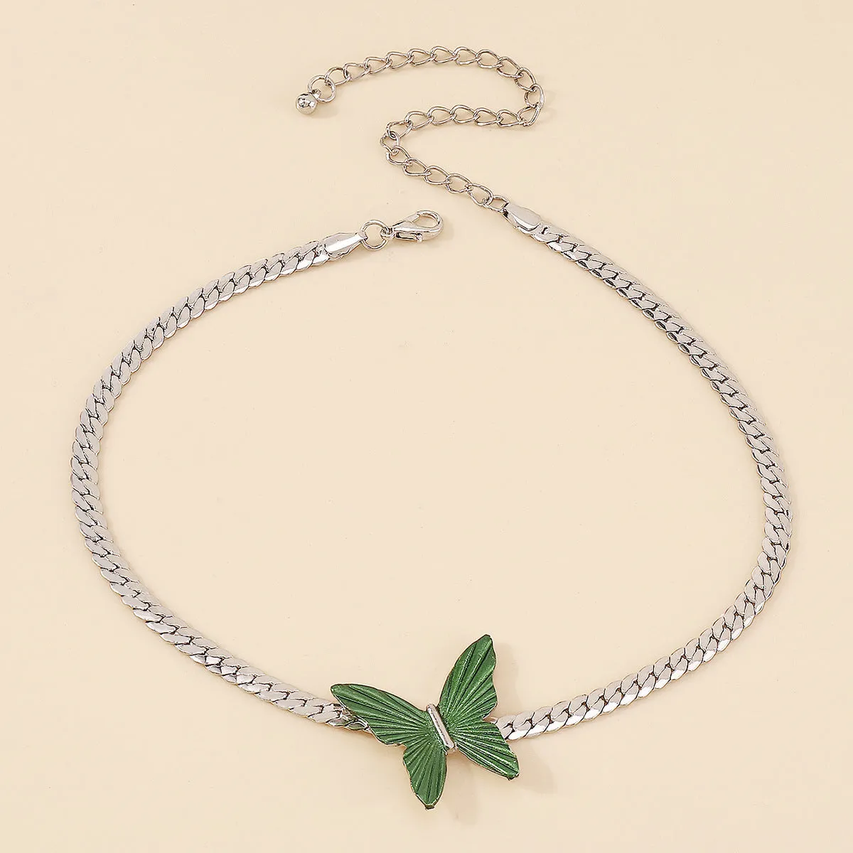 Green Enamel & Silver-Plated Butterfly Choker