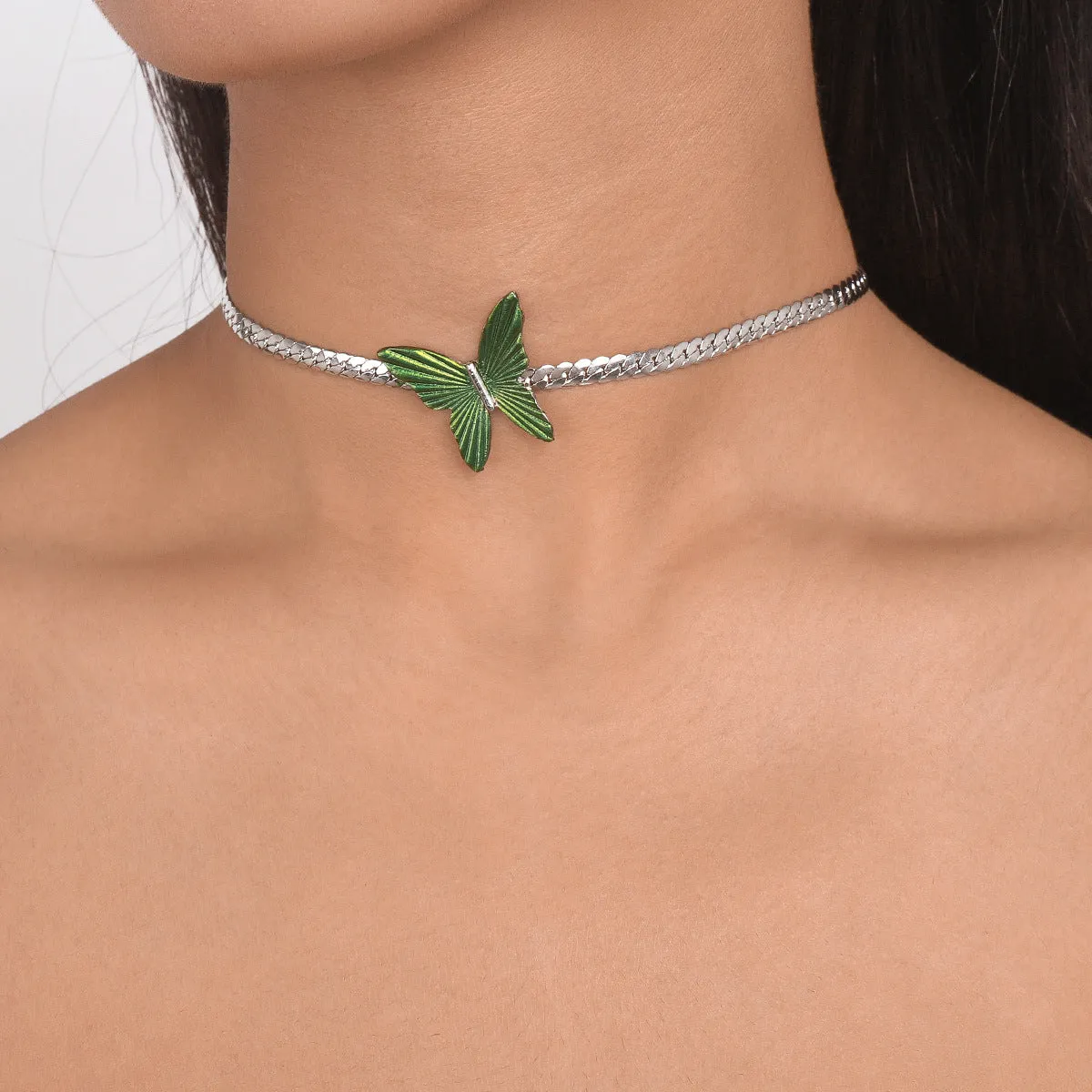 Green Enamel & Silver-Plated Butterfly Choker