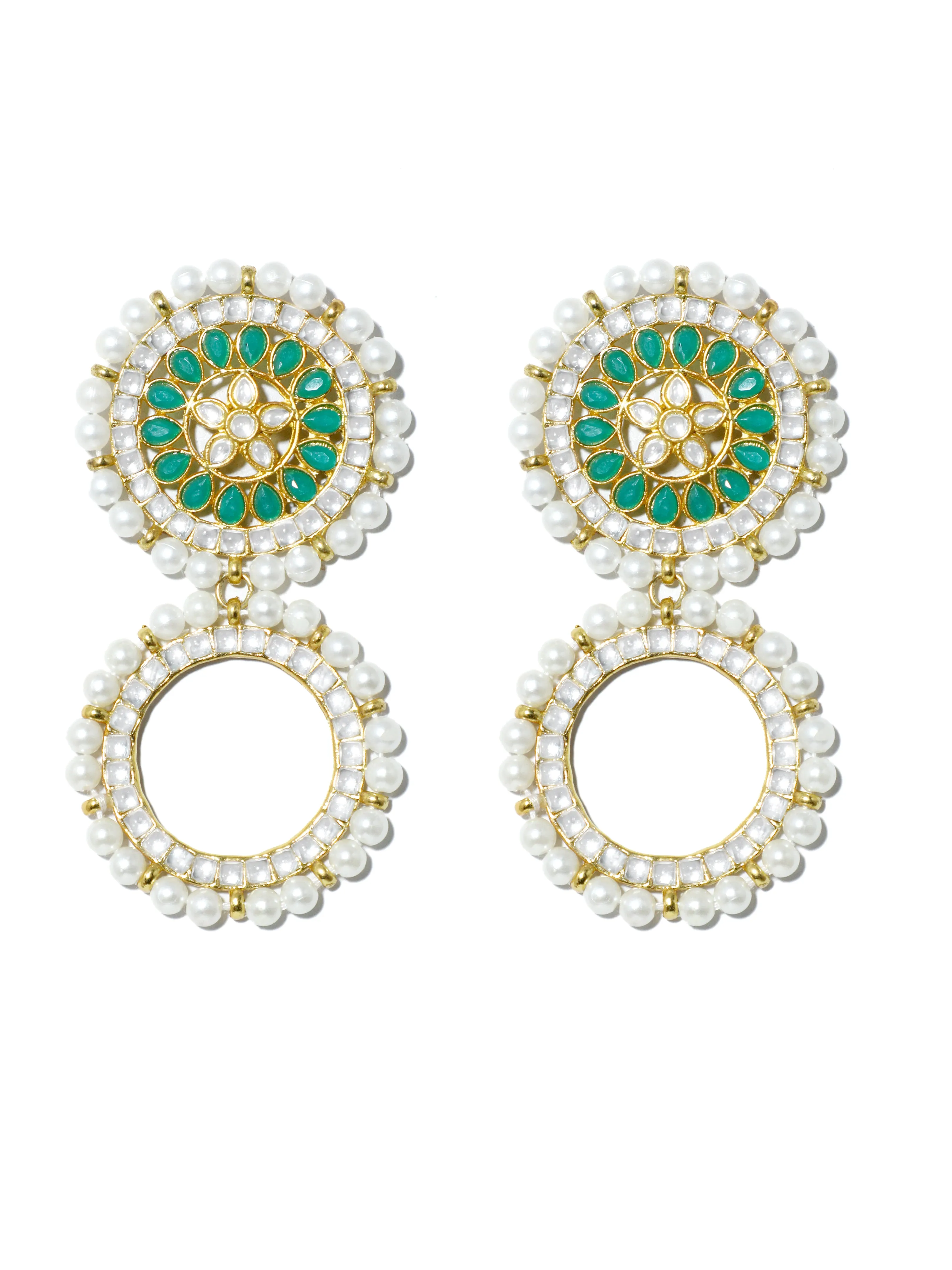 Green Kundan Hoop Earring with White Pearl Detailing