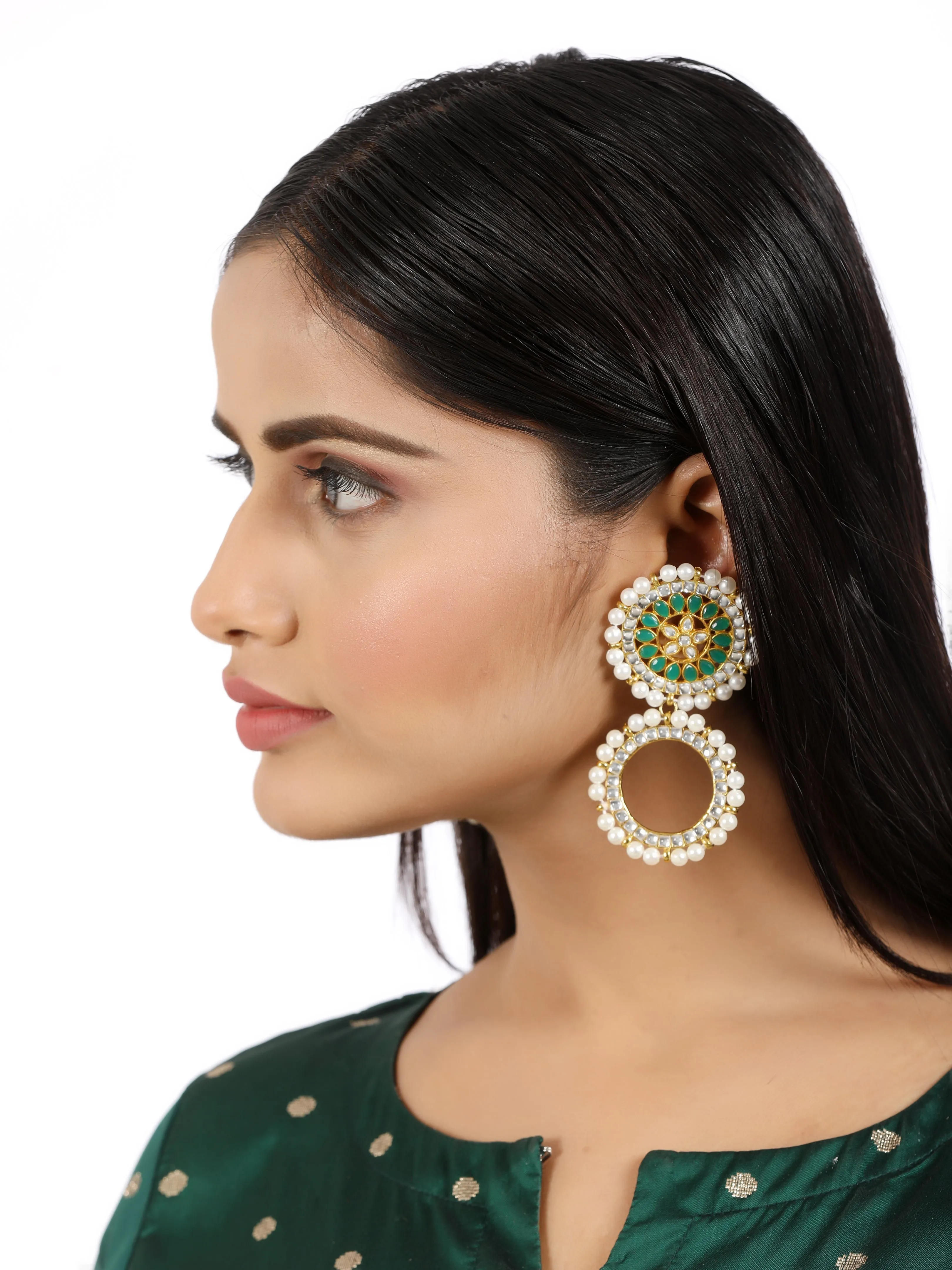 Green Kundan Hoop Earring with White Pearl Detailing