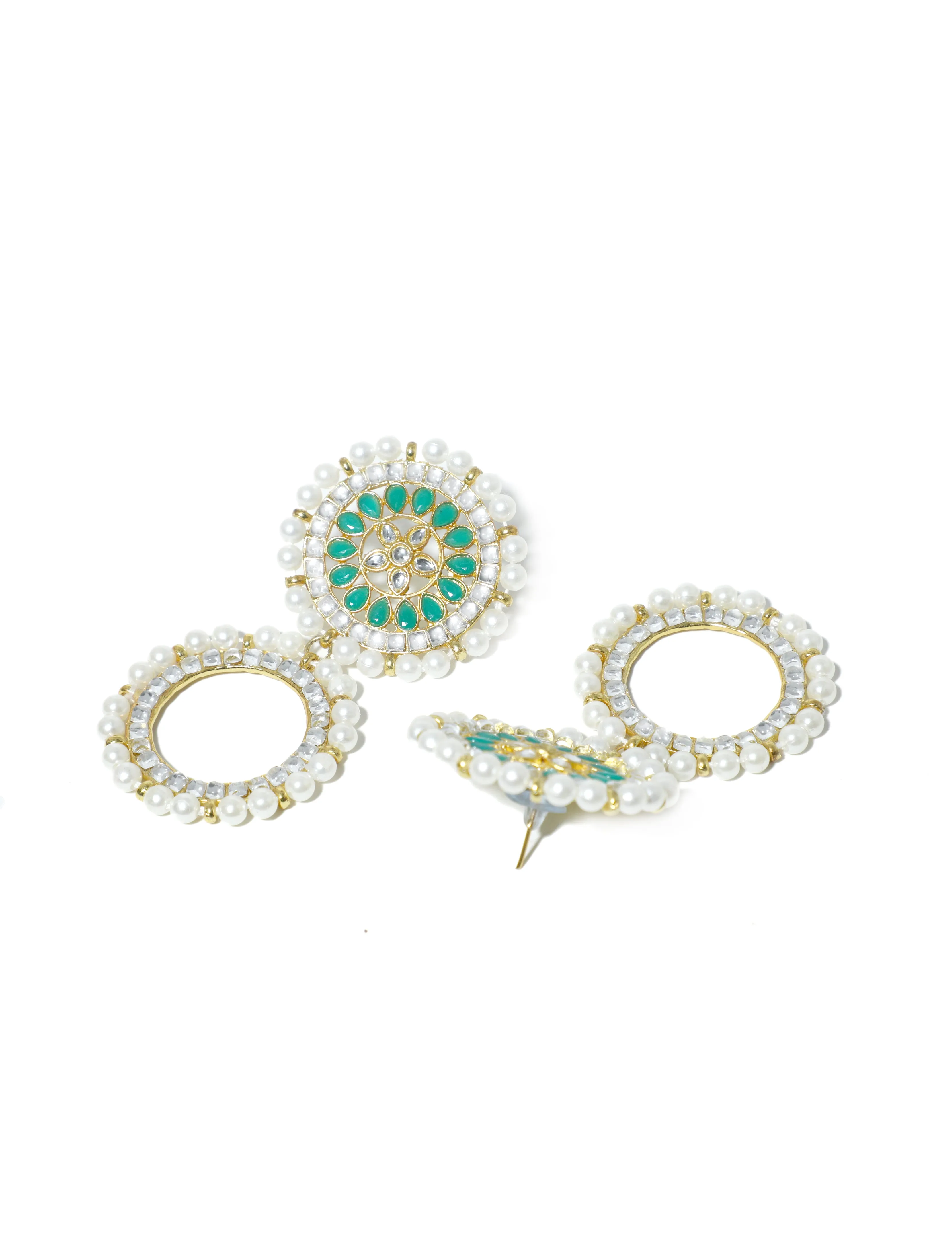 Green Kundan Hoop Earring with White Pearl Detailing