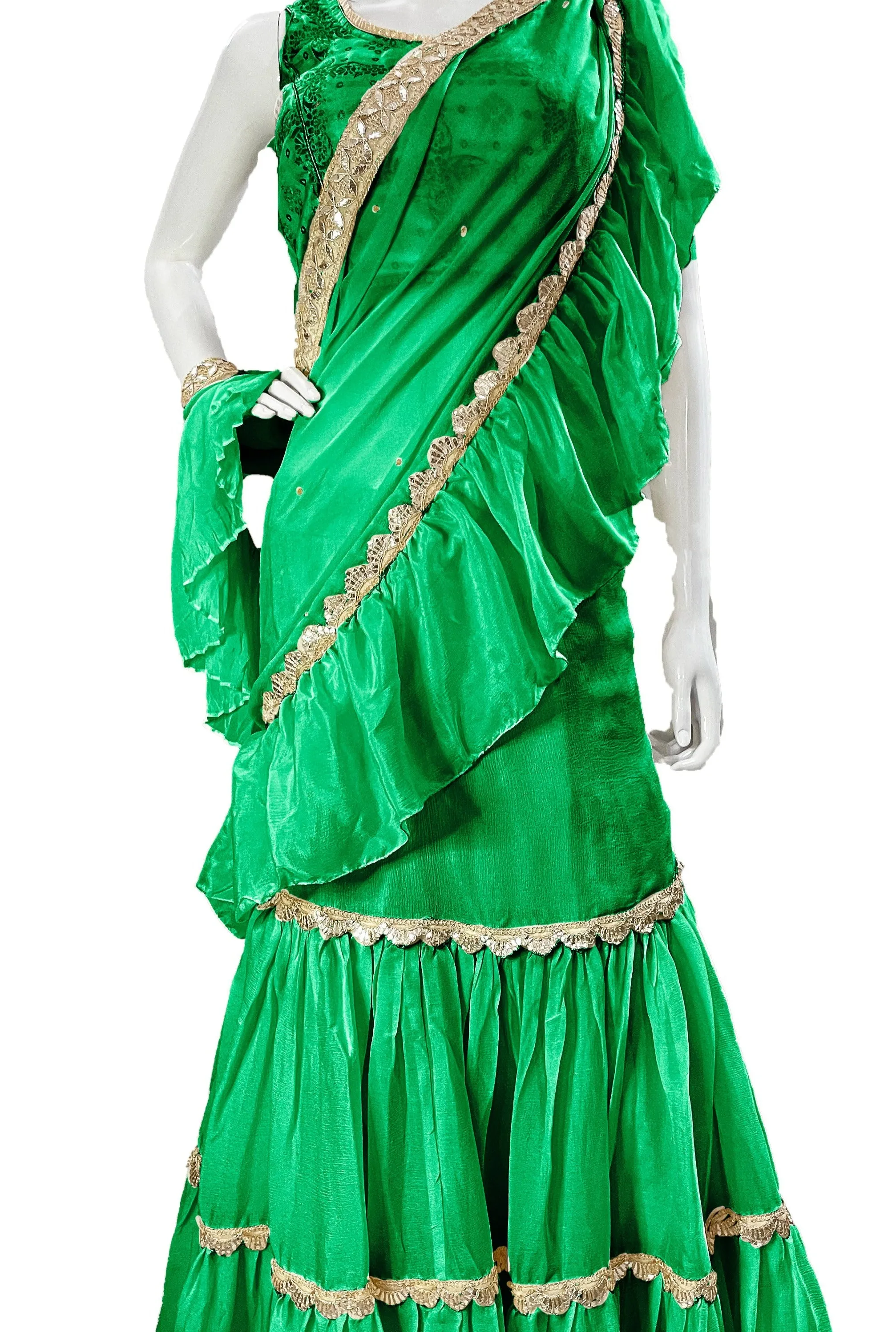 Green Pure Chinon Saree, Ready to wear Sari, Skirt Saree with Pure Dola SILK Blouse