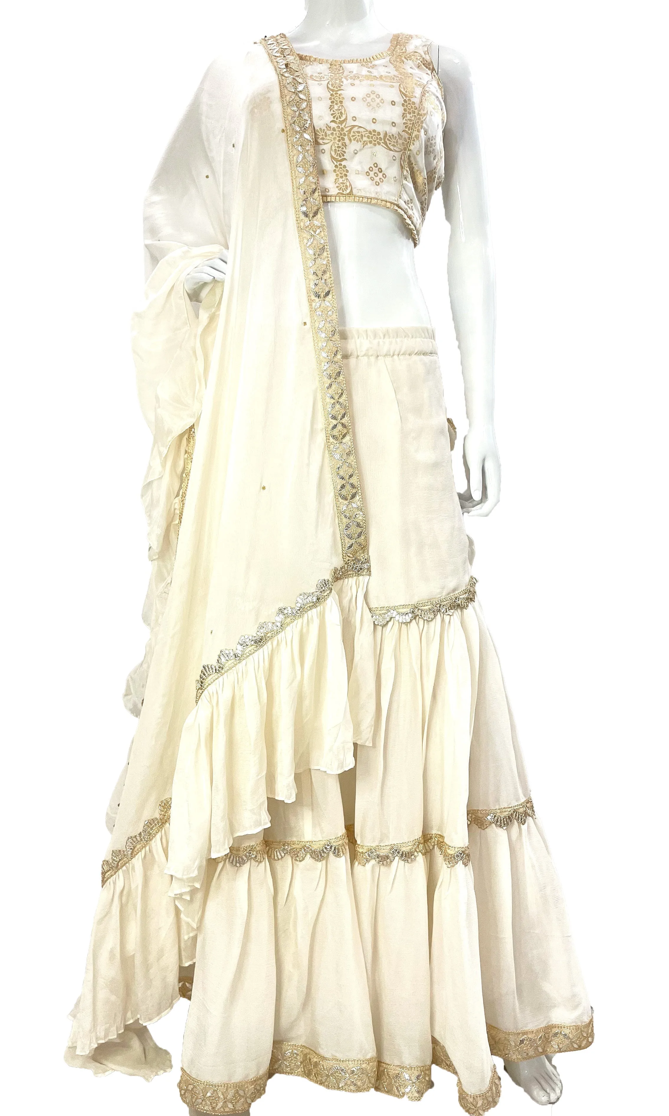 Green Pure Chinon Saree, Ready to wear Sari, Skirt Saree with Pure Dola SILK Blouse