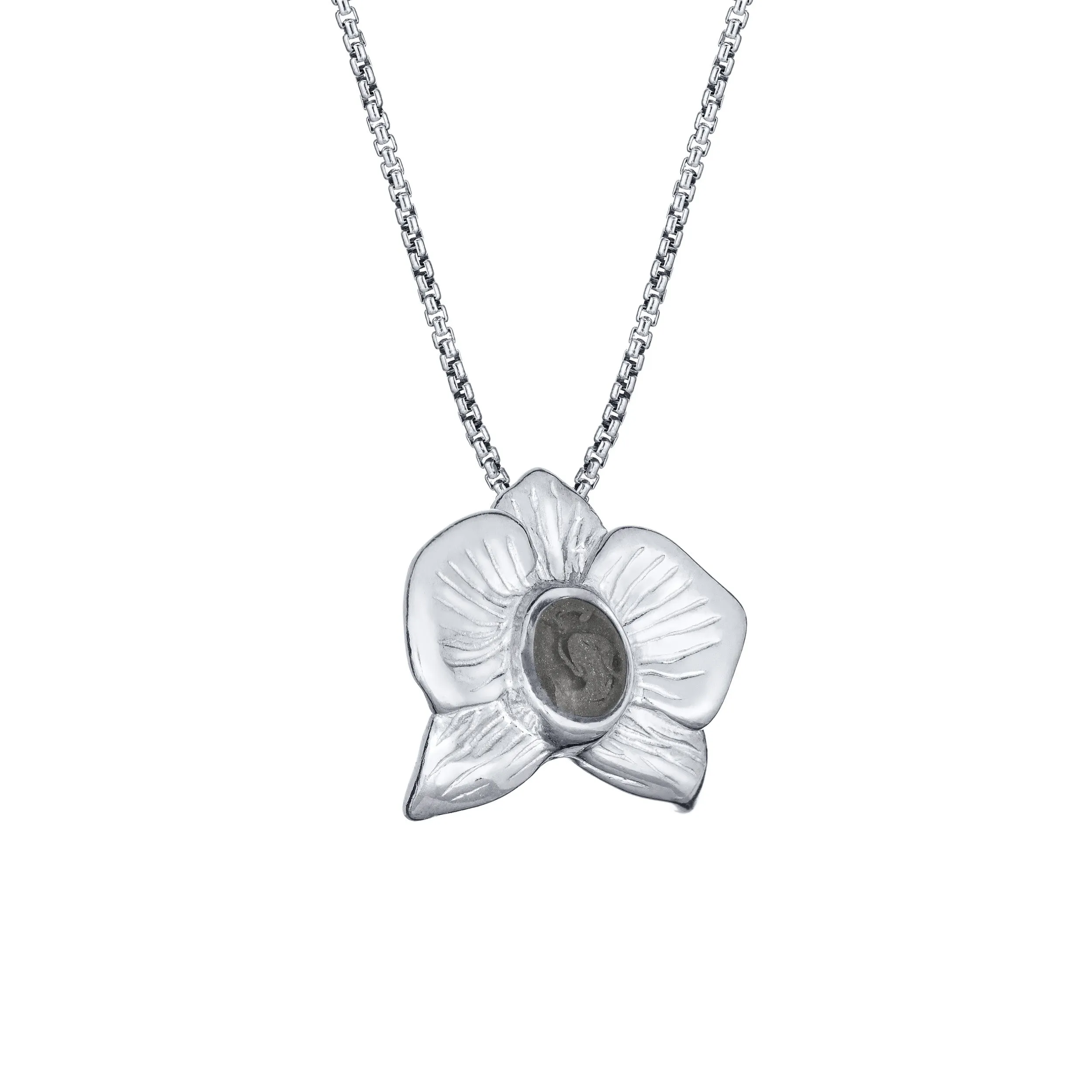 Hand-Carved Orchid Cremation Necklace in 14K White Gold