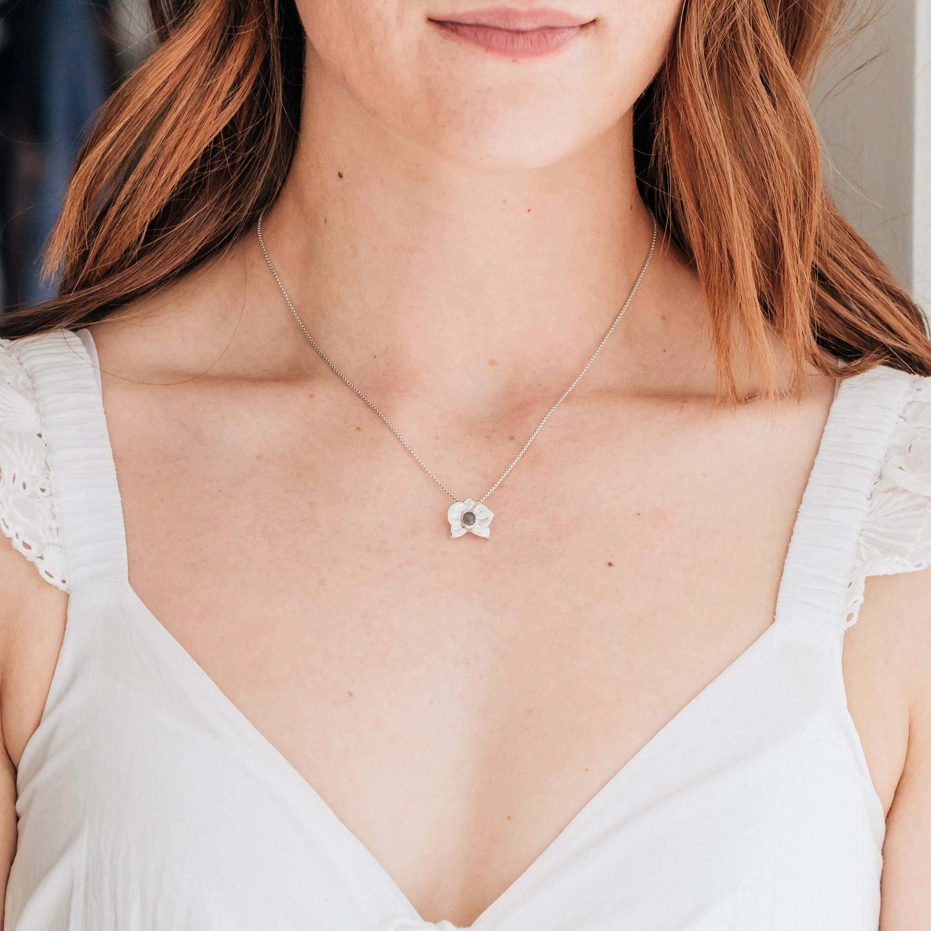 Hand-Carved Orchid Cremation Necklace in 14K White Gold