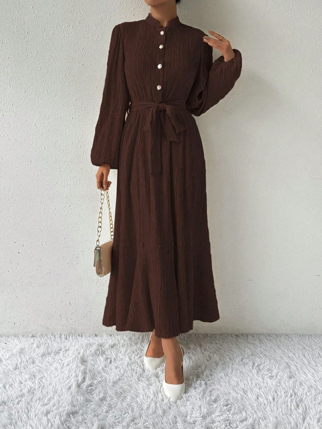 Hazel Blues® |  Half Button Tie Waist Long Sleeve Maxi Dress