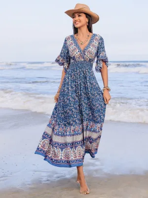 Hazel Blues® |  Ruched Printed Flounce Sleeve Midi Dress