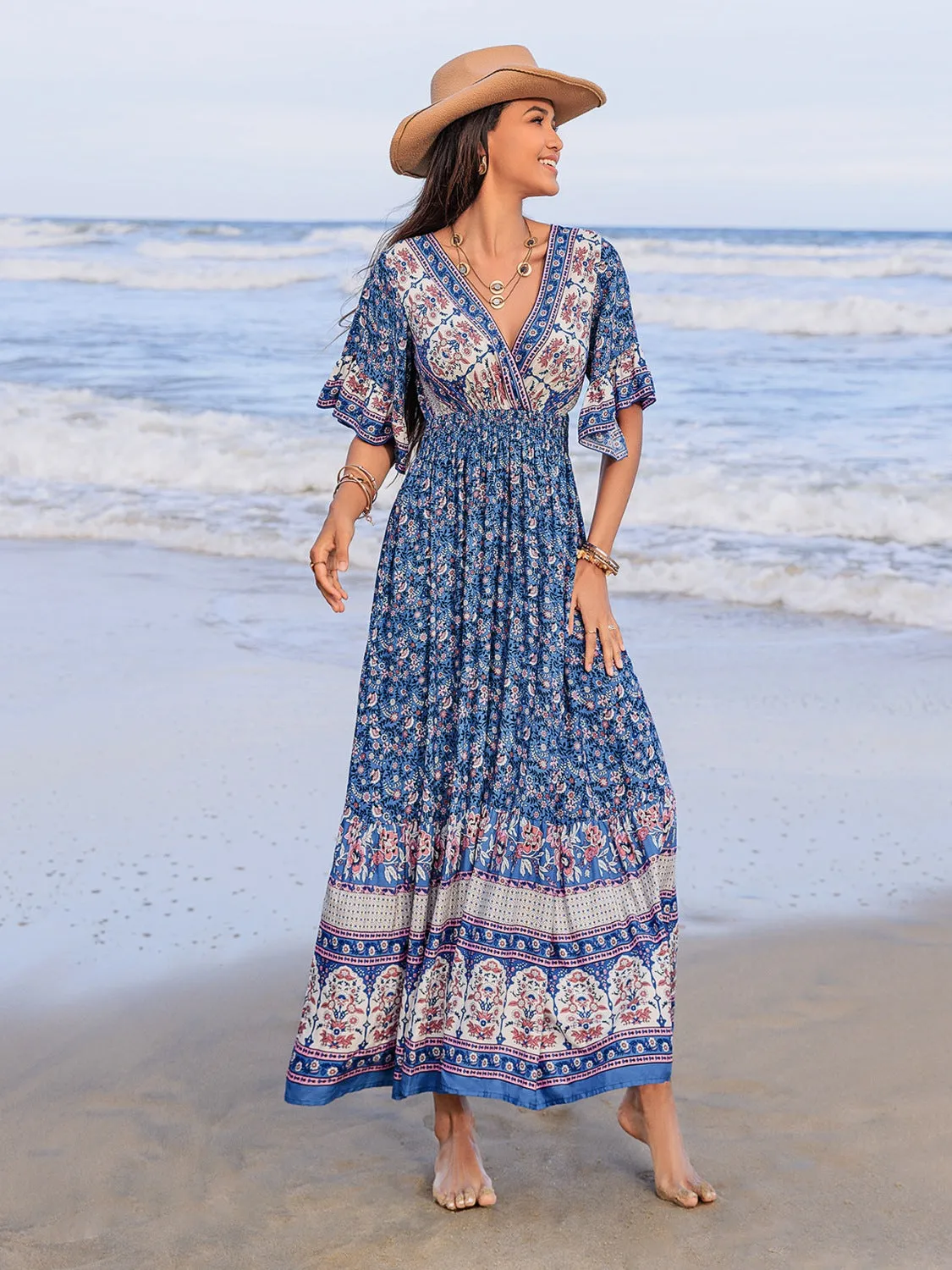 Hazel Blues® |  Ruched Printed Flounce Sleeve Midi Dress