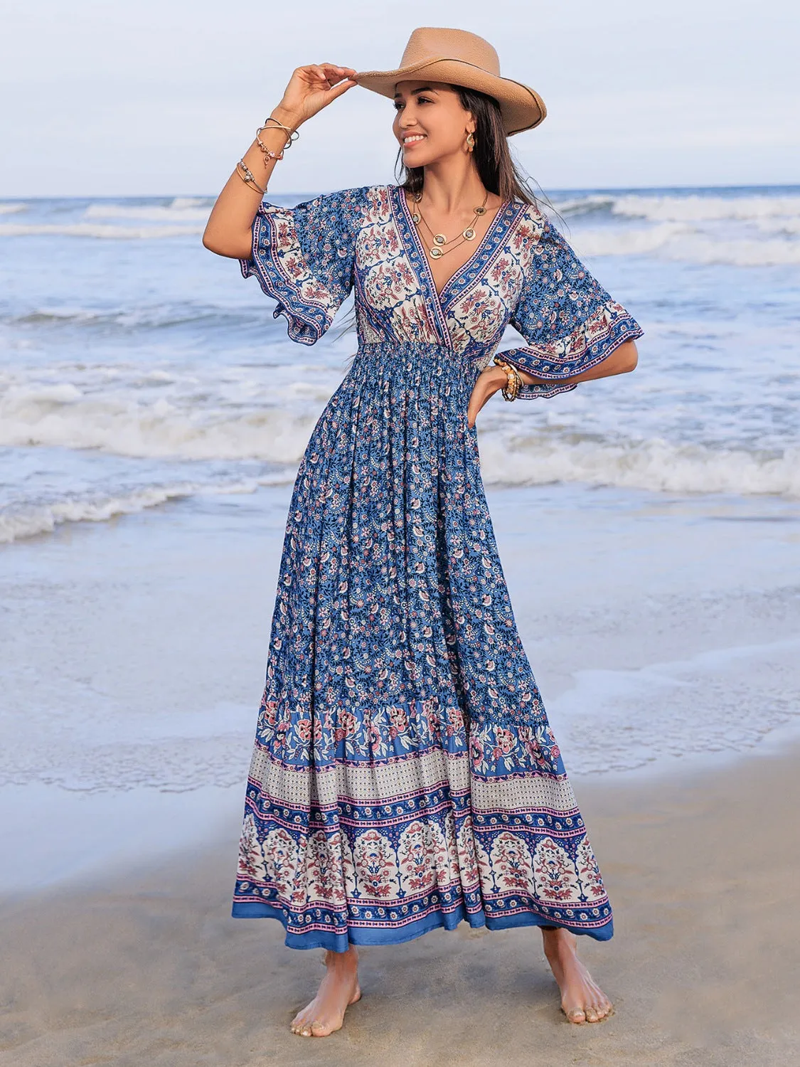Hazel Blues® |  Ruched Printed Flounce Sleeve Midi Dress