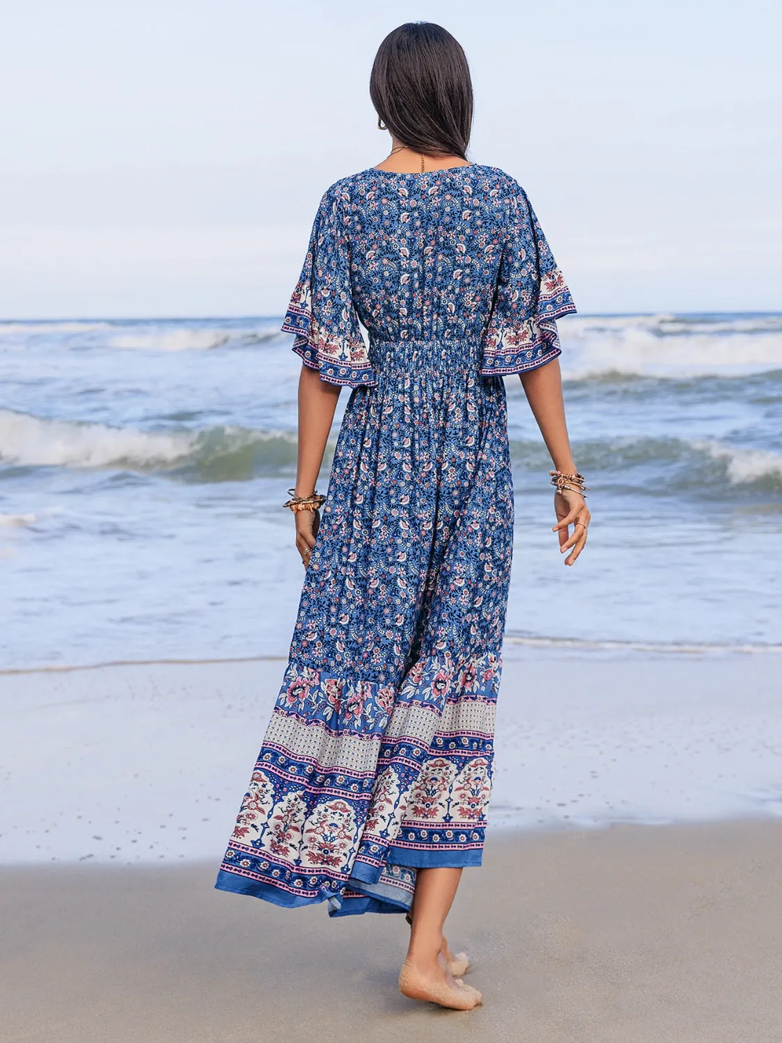 Hazel Blues® |  Ruched Printed Flounce Sleeve Midi Dress