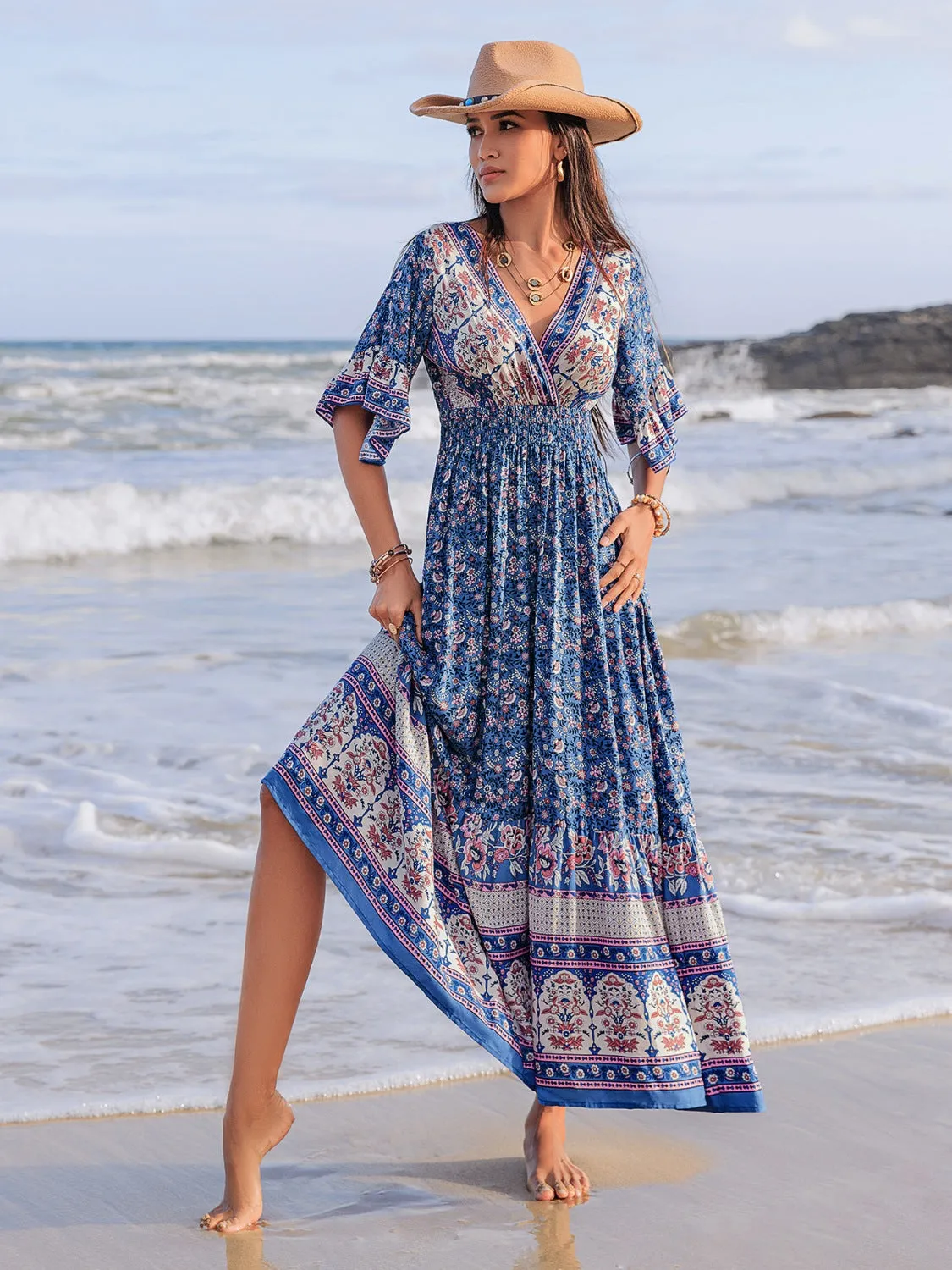 Hazel Blues® |  Ruched Printed Flounce Sleeve Midi Dress