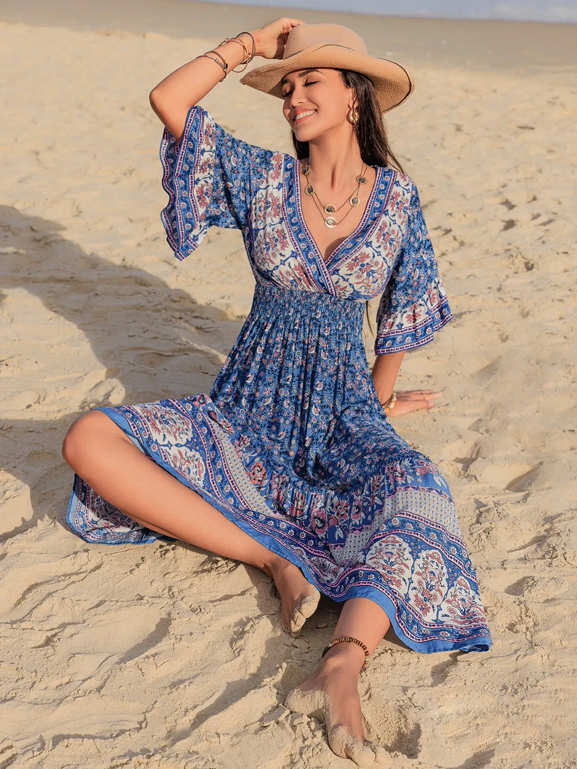 Hazel Blues® |  Ruched Printed Flounce Sleeve Midi Dress