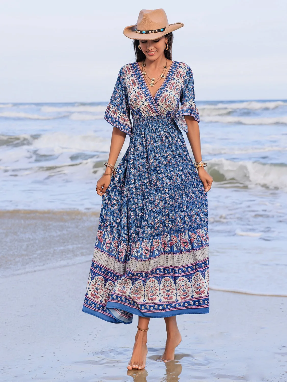 Hazel Blues® |  Ruched Printed Flounce Sleeve Midi Dress