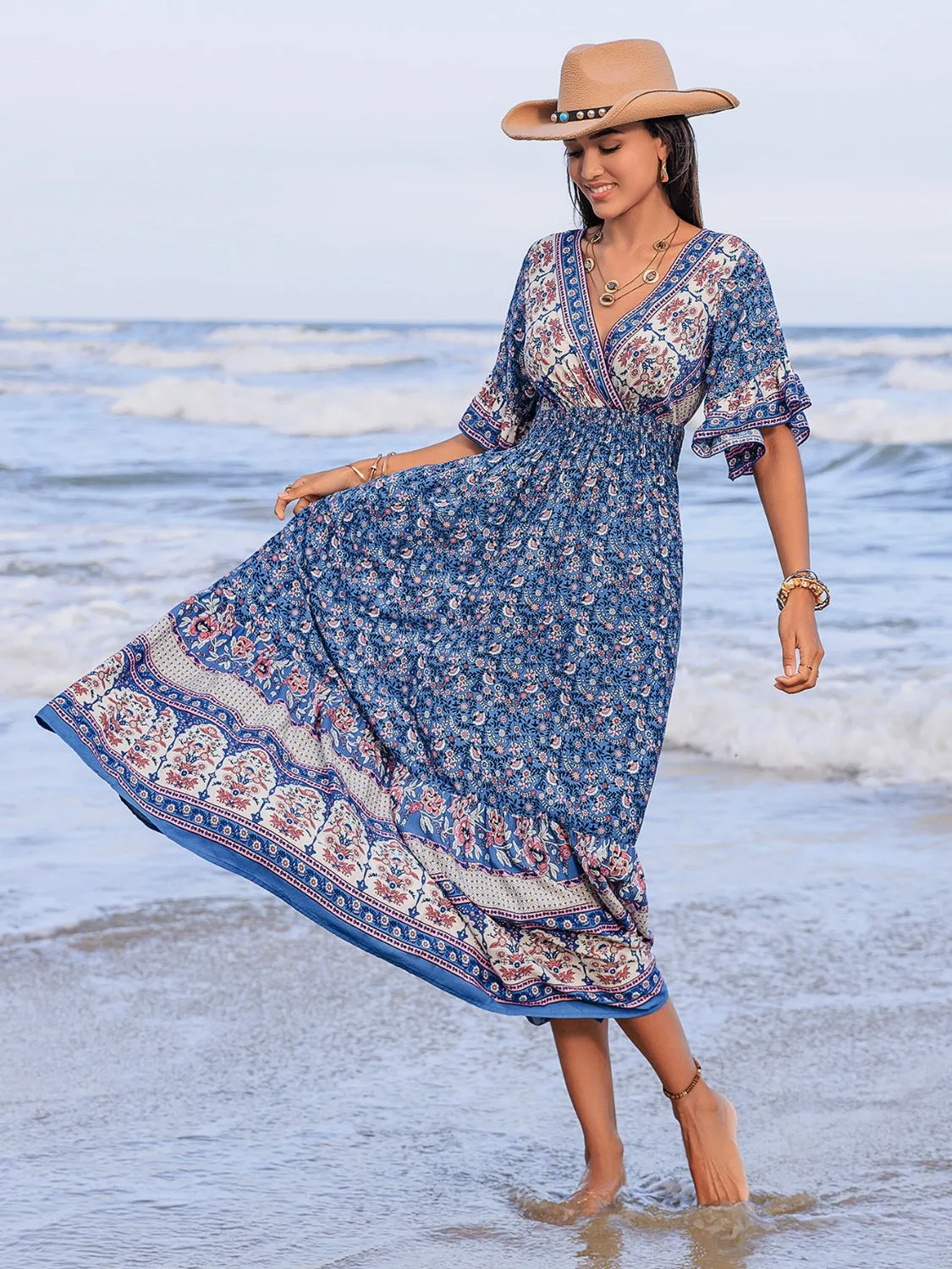 Hazel Blues® |  Ruched Printed Flounce Sleeve Midi Dress