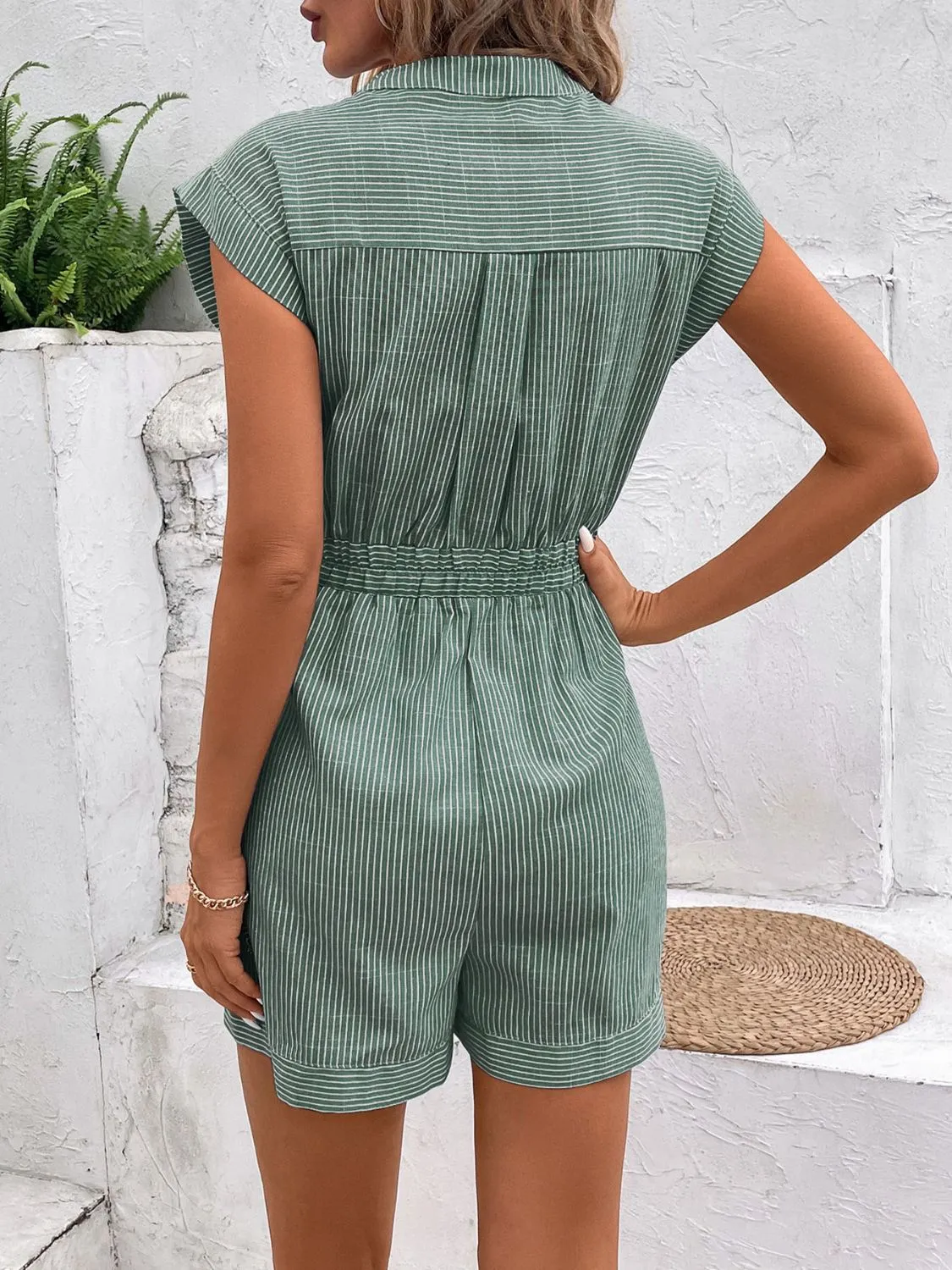 Hazel Blues® |  Striped Notched Tie Waist Romper