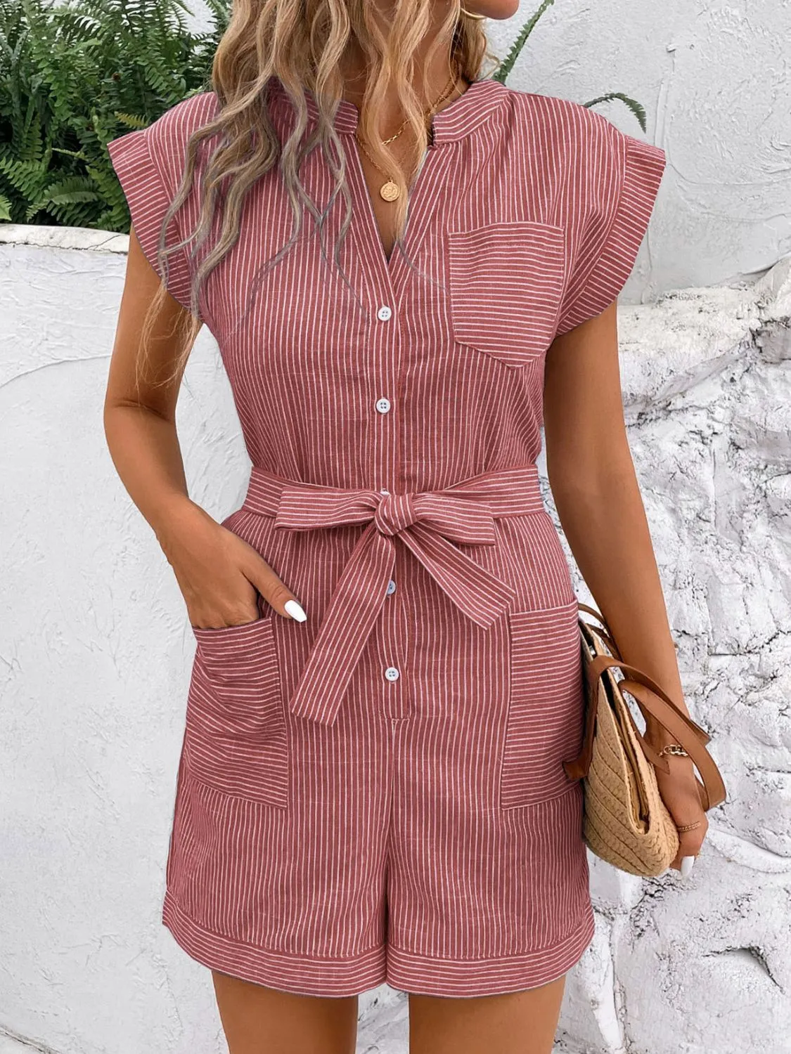 Hazel Blues® |  Striped Notched Tie Waist Romper