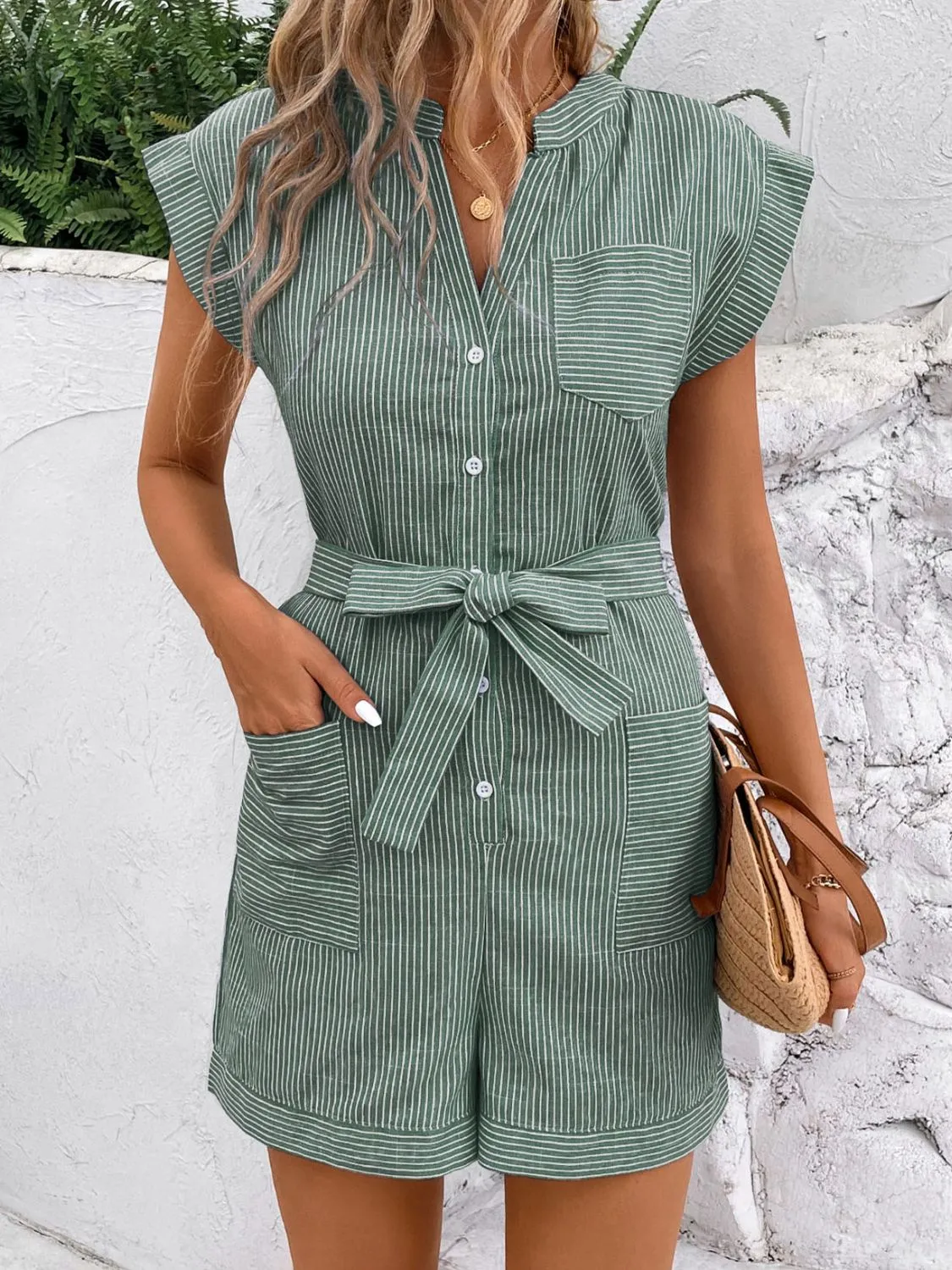 Hazel Blues® |  Striped Notched Tie Waist Romper