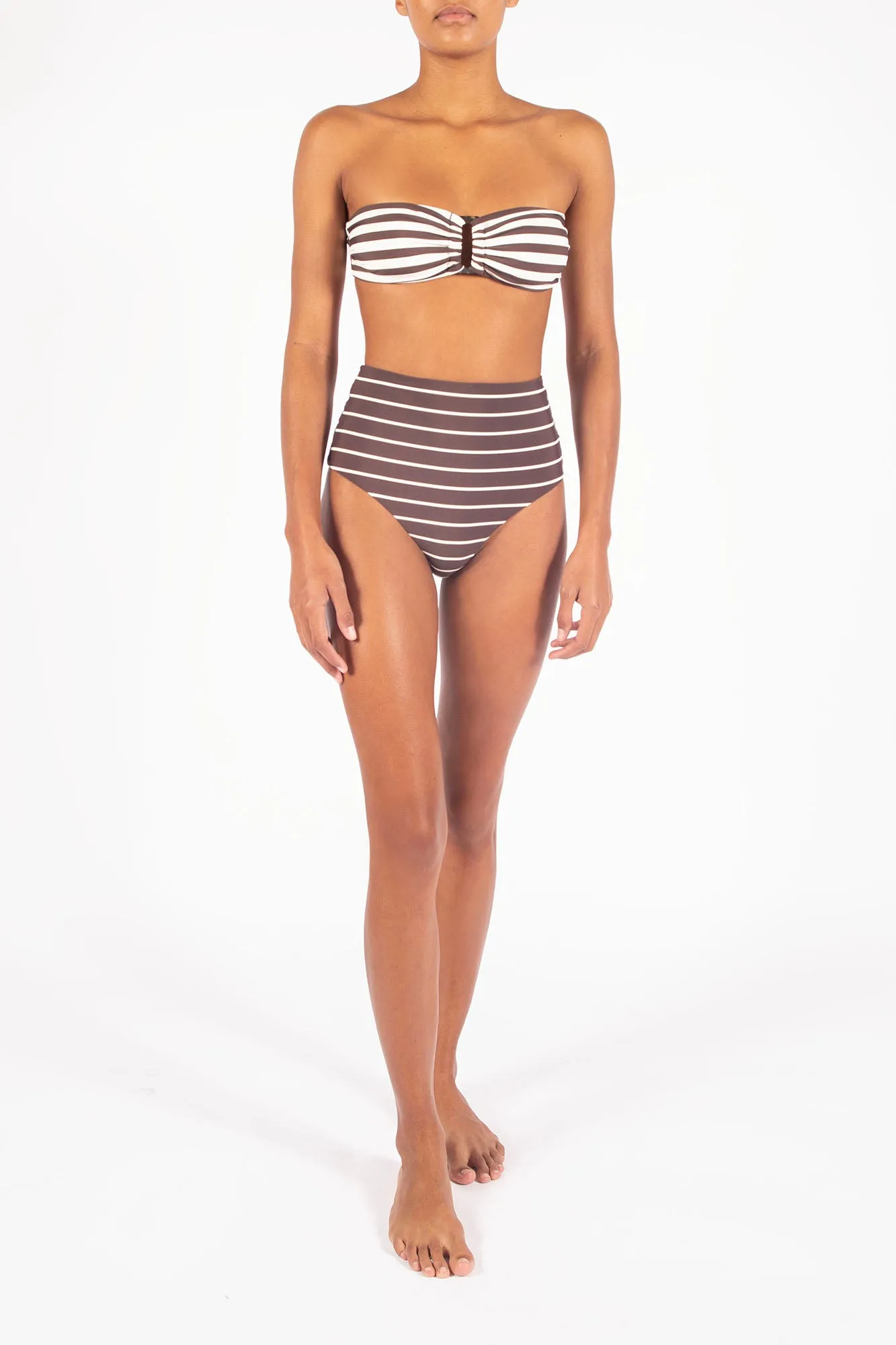 High-Waist Bikini Bottom in Espresso Odd Stripes