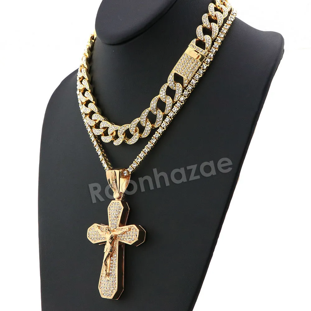 Hip Hop Quavo Bold Cross Miami Cuban Choker Tennis Chain Necklace L35