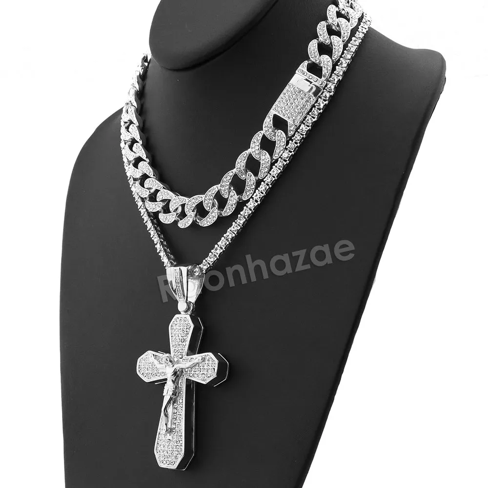 Hip Hop Quavo Bold Cross Miami Cuban Choker Tennis Chain Necklace L35