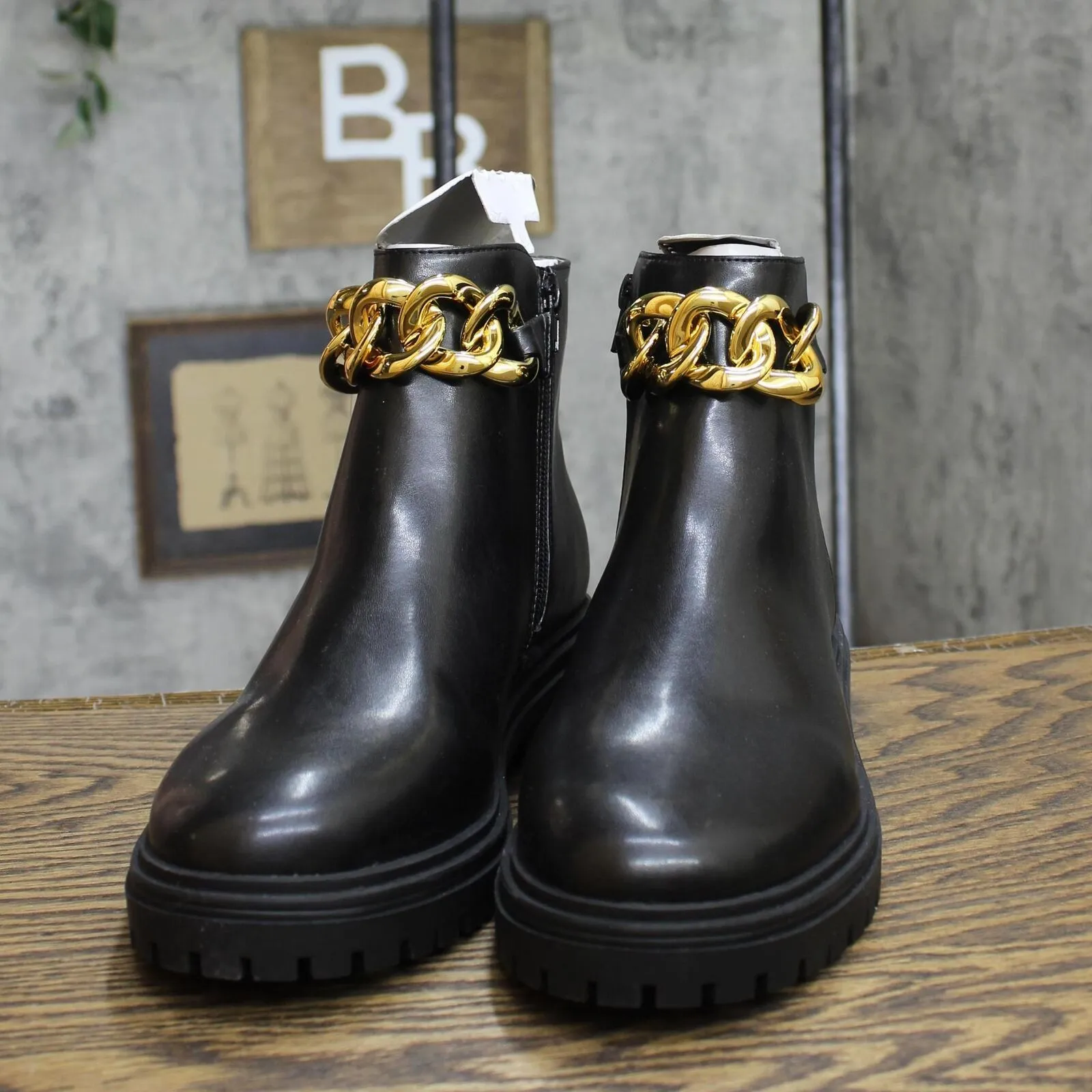 Inc International Concepts Womens Basia Lug-Sole Chain Booties Black Smooth 9M