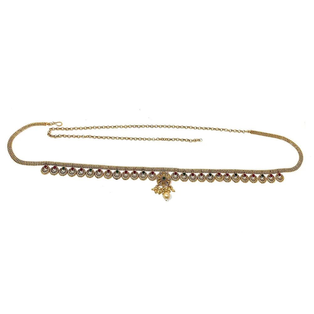 Indian Gold Plated Womens Waist Belly Chain Ethnic Kamarbandh in Red Green Zircon and Drop Pearl - Dandiya Dance Bridal Wedding Party - Duel On Jewel