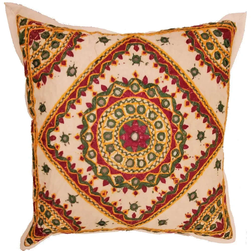Indian Mirror Work Chandrama Cushion Cover Design Home Accent Furnishing - 16" x 16"