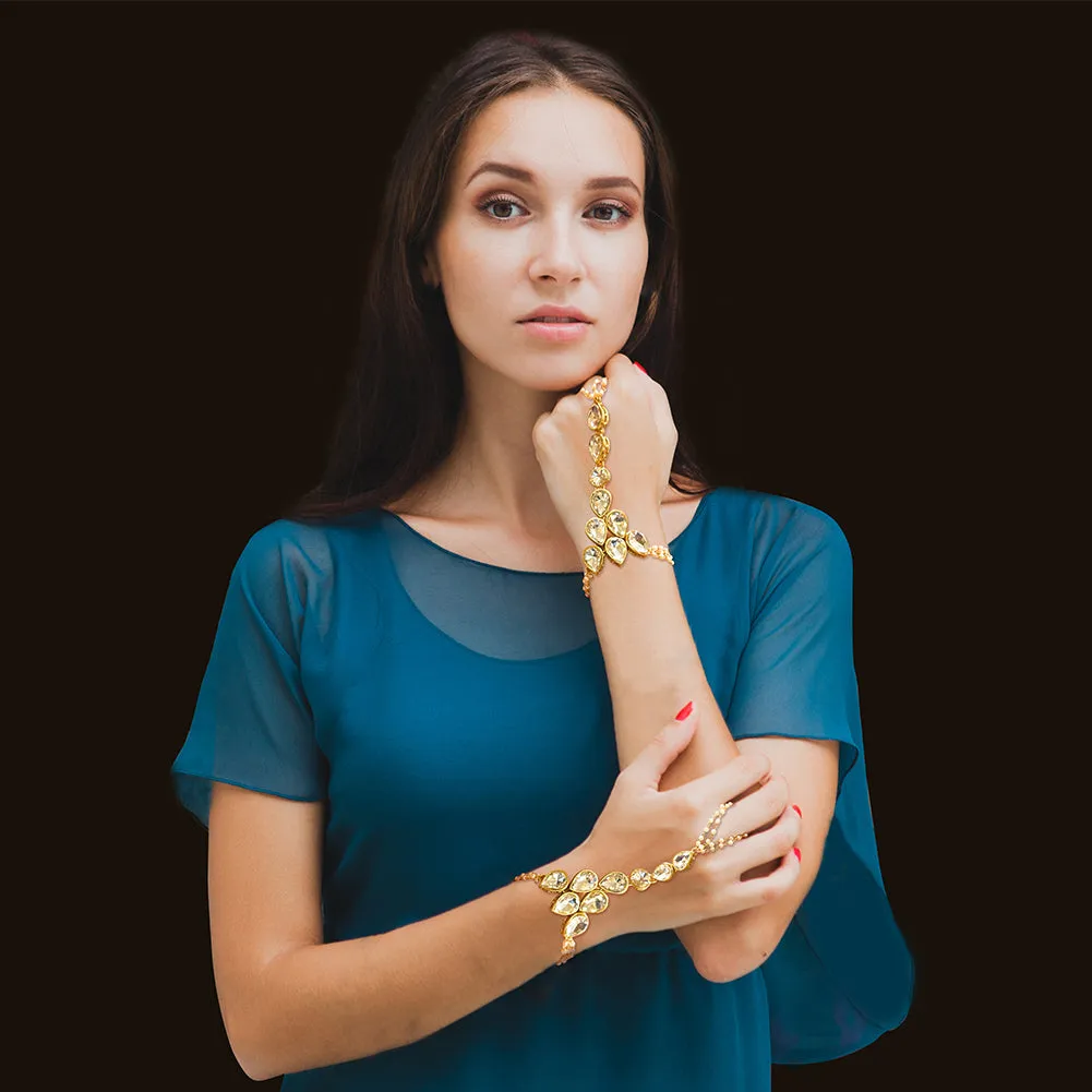 Indian Traditional Ethnic Haath Phool  Womens Bridal Party Gold Plated Hand Piece Ornament Bracelet Set Attached with One Chain Loop Ring in White Kundan Stone by Duel On Jewel