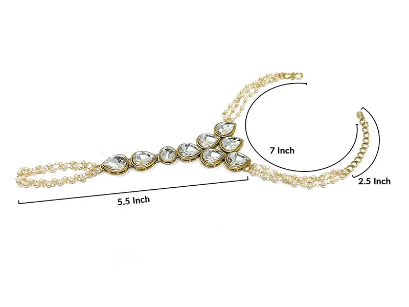 Indian Traditional Ethnic Haath Phool  Womens Bridal Party Gold Plated Hand Piece Ornament Bracelet Set Attached with One Chain Loop Ring in White Kundan Stone by Duel On Jewel