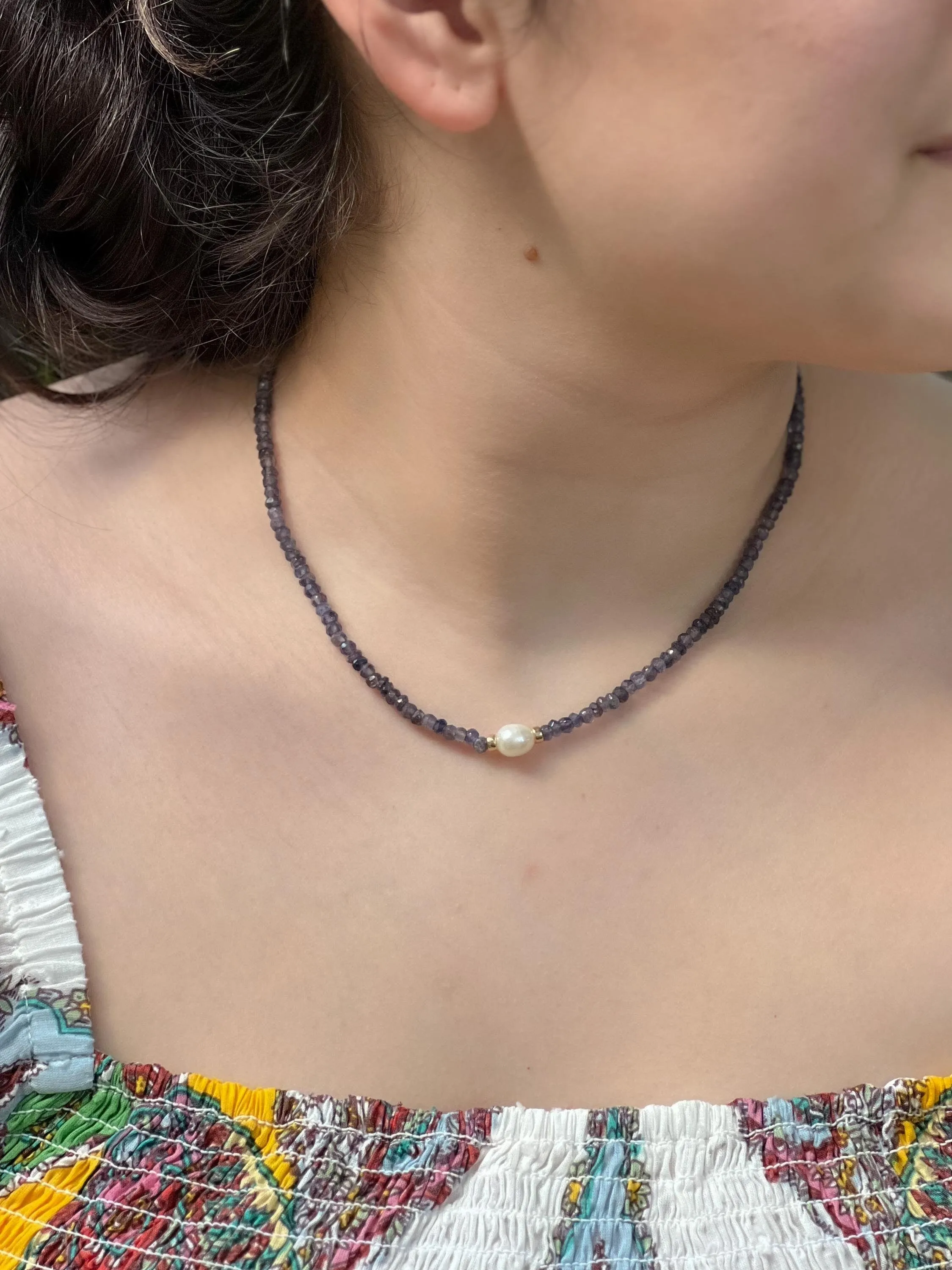 Iolite Necklace with Rice Pearl Accent, Gemstone Necklace, Gift for Her, Boho Necklace, Freshwater Rice Pearl, Mom Gift, Handmade to Order