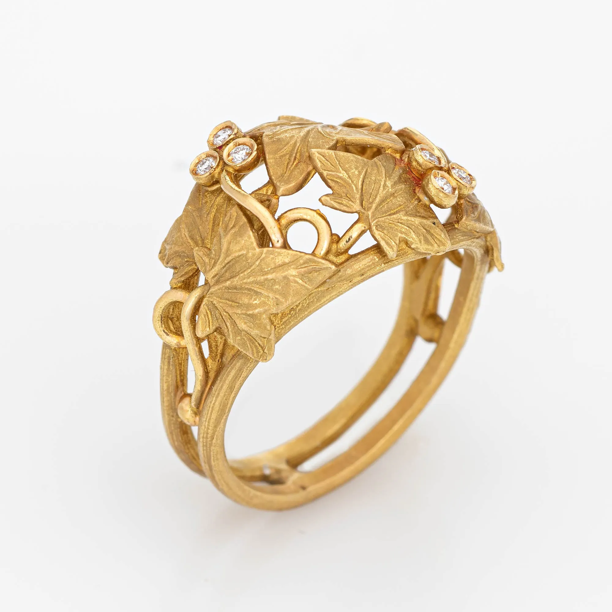 Ivy Leaf Diamond Band Estate 18k Yellow Gold Ring Sz 7.25 Satin Finish Jewelry