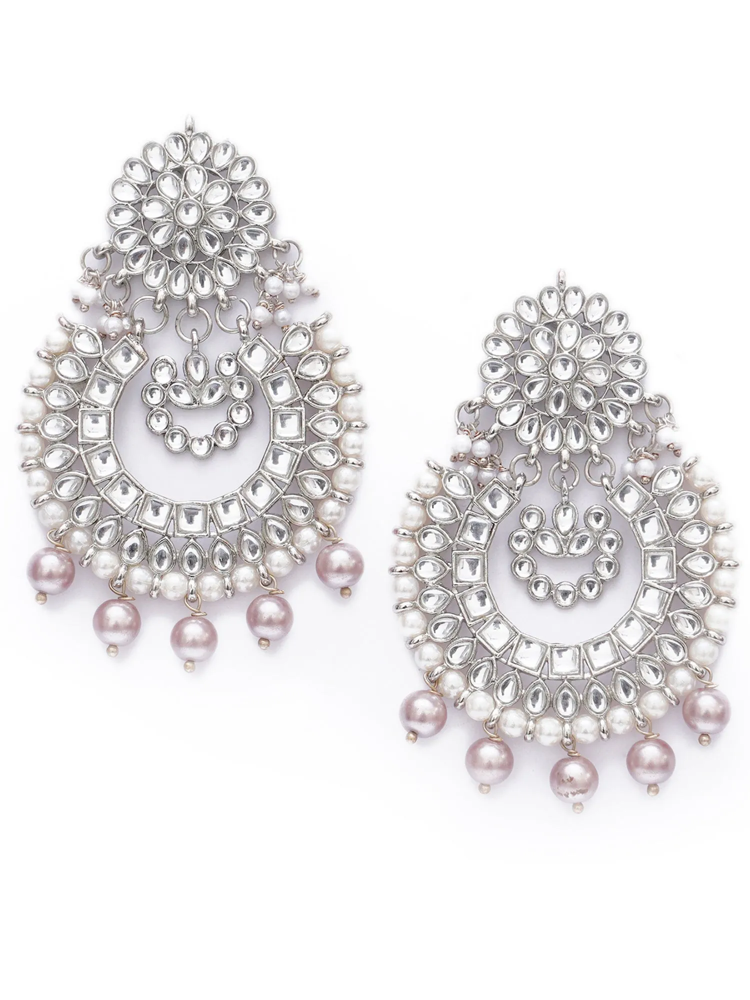 Karatcart Silver Pearl Oxidised Kundan Chandbali Earrings