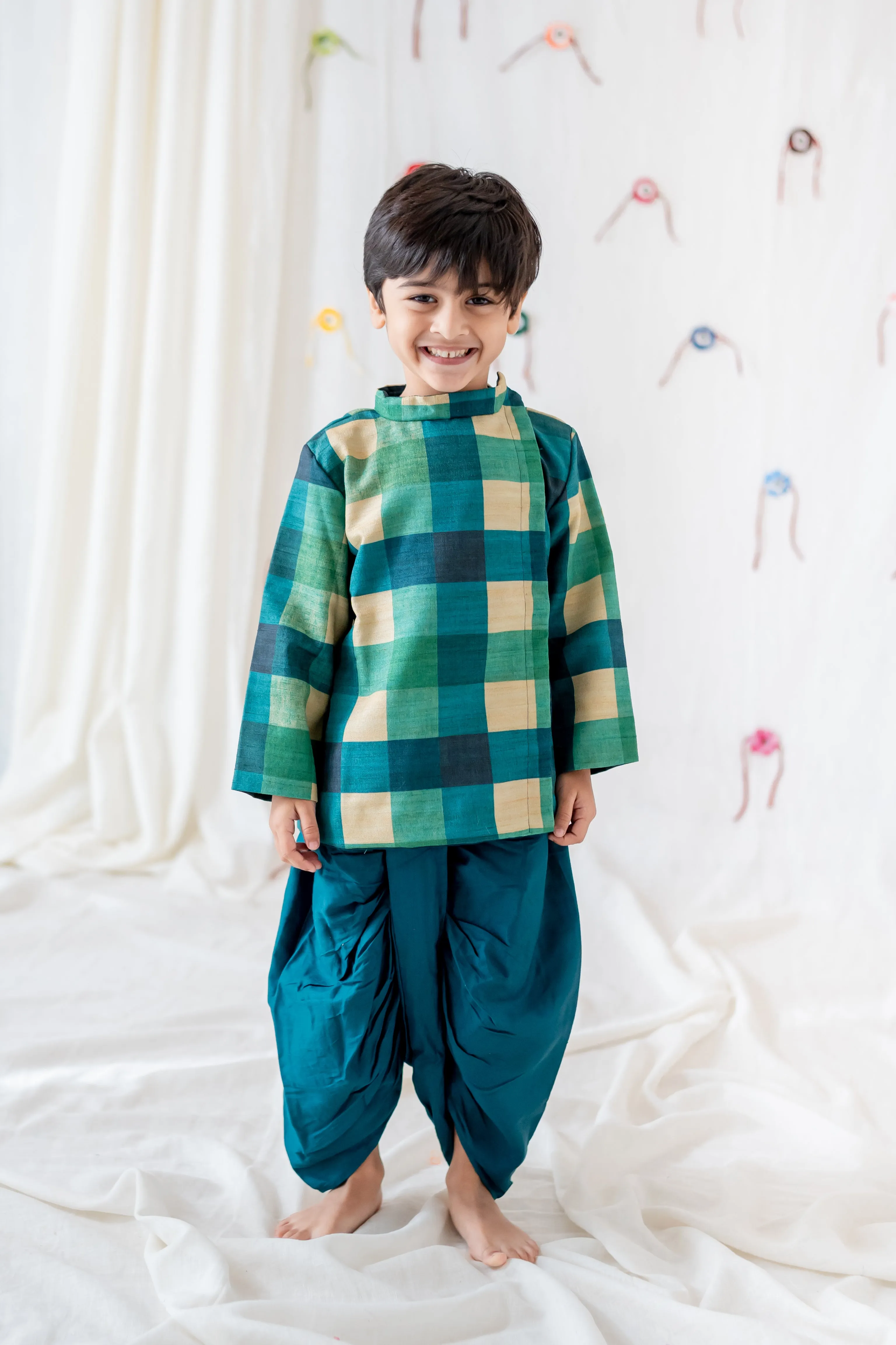 Klingaru Boys Set - Green Checks with Teal Dhoti