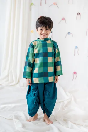 Klingaru Boys Set - Green Checks with Teal Dhoti