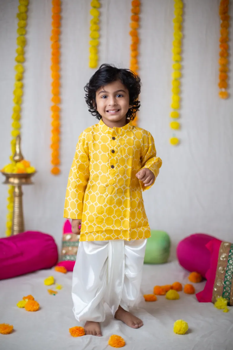 Klingaru Boys Set - Yellow Muslin with Satin Dhoti