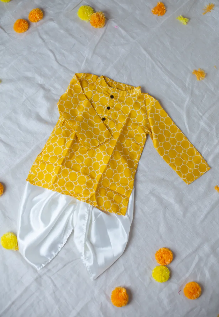 Klingaru Boys Set - Yellow Muslin with Satin Dhoti